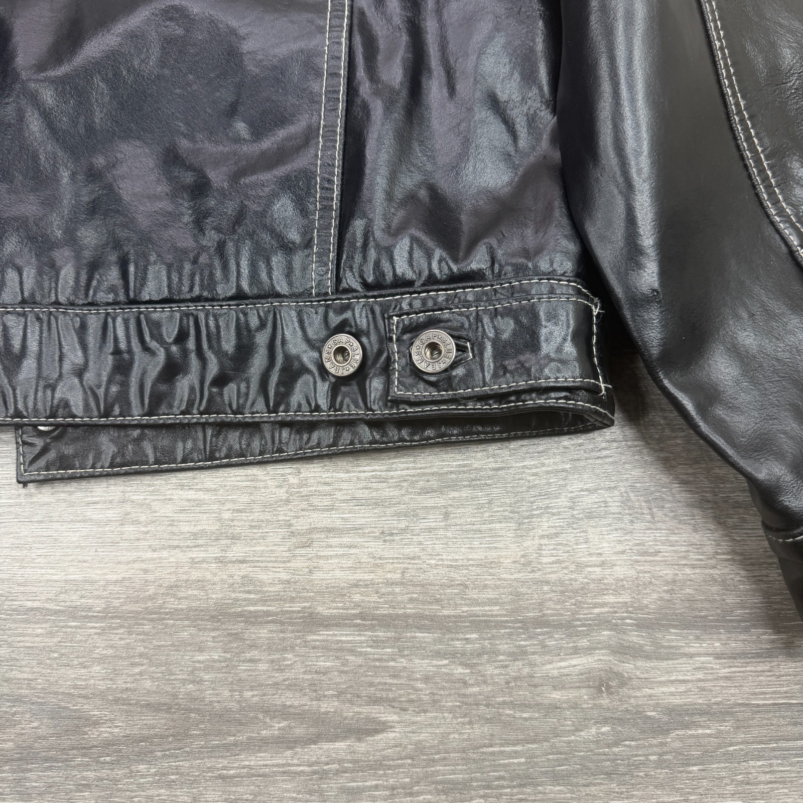 VTG Gap Leather Jacket Mens Small Black Trucker Boxy Stitch Moto Biker Y2K 90s