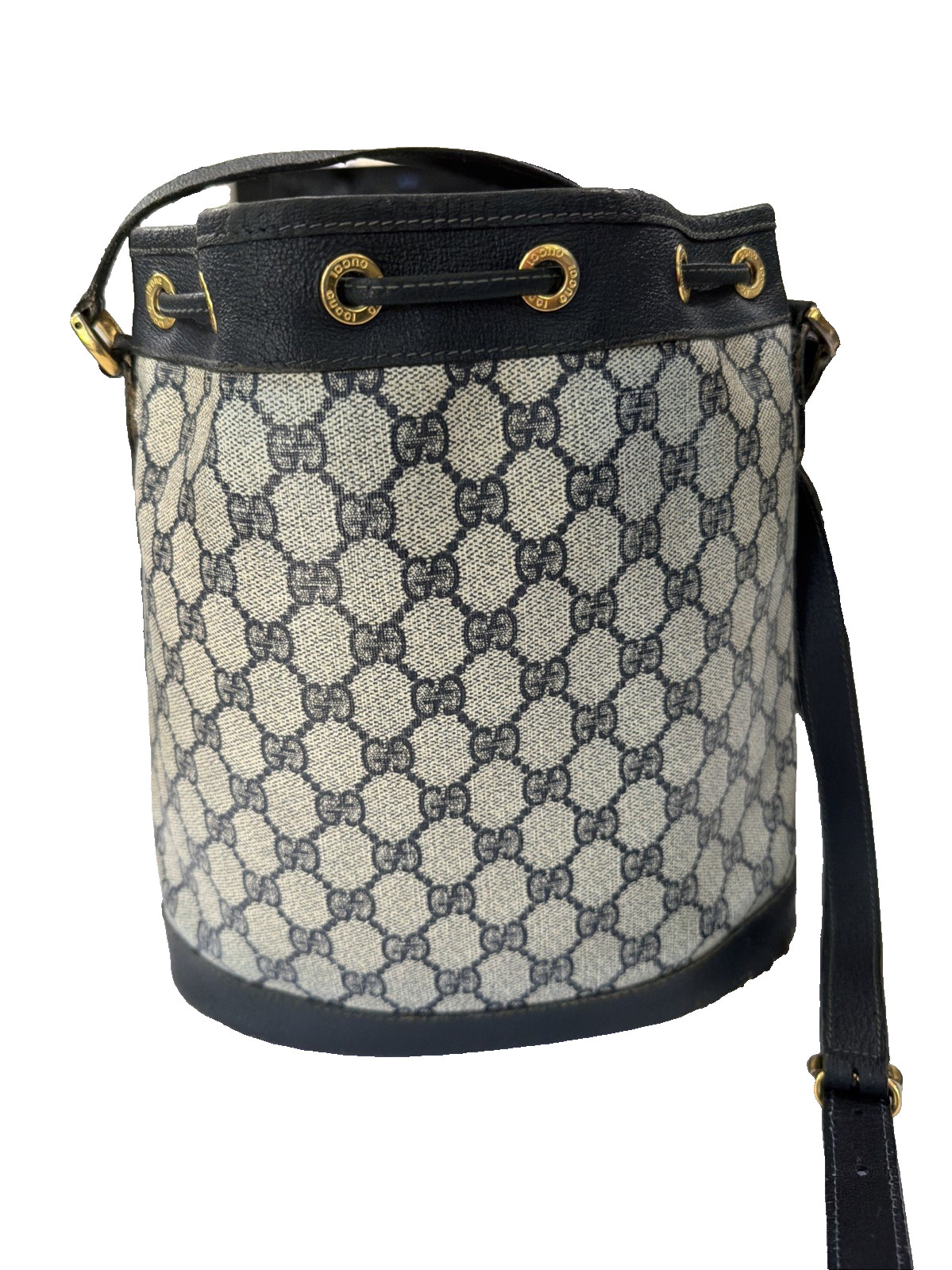 Vintage GUCCI Navy Blue GG Monogram Supreme Drawstring Bucket Bag Shoulder Purse