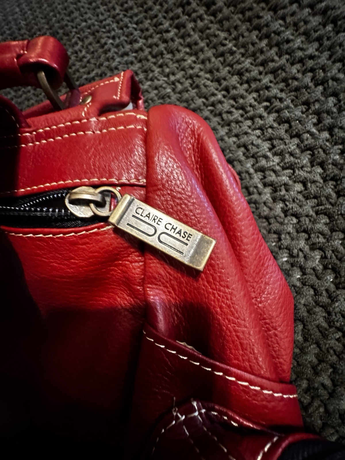 Claire Chase Red Pebbled Backpack Drawstring Flap Top Handle Detachable Strap