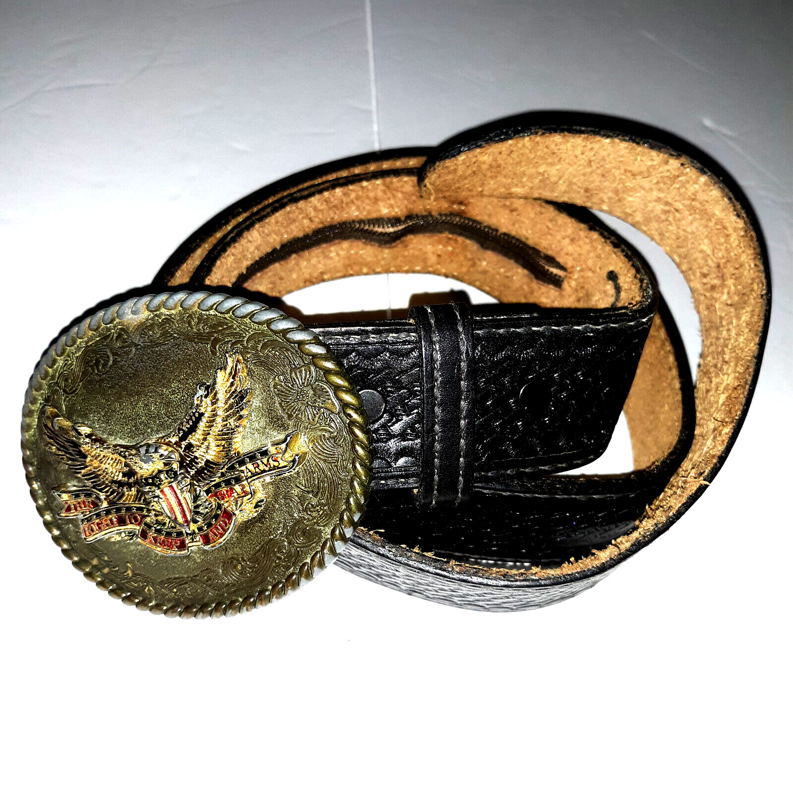 VTG DunDee Tooled Leather Zip $$ Belt 80sRainTree Buckle Eagle “Bare Arms”Sz 38