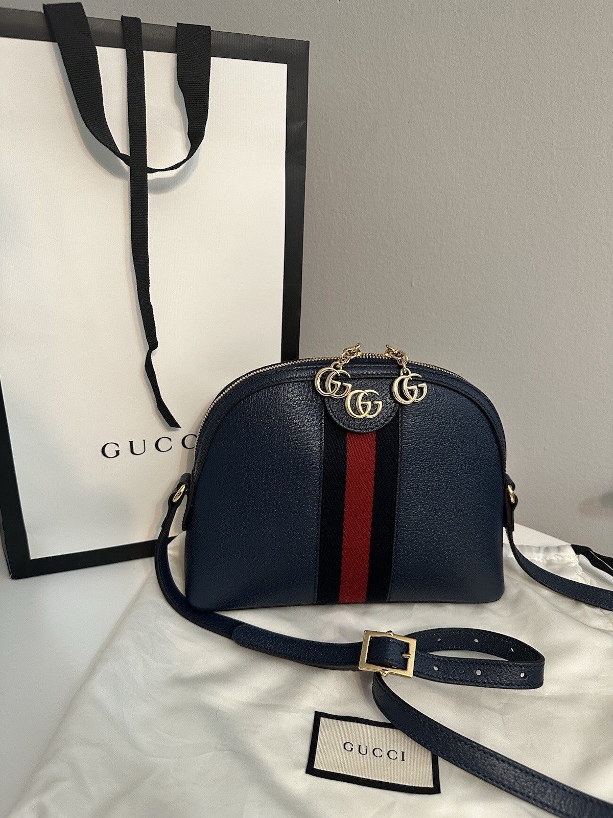 Gucci Ophidia Small Dome Crossbody Bag Navy Blue Grained Leather Authentic