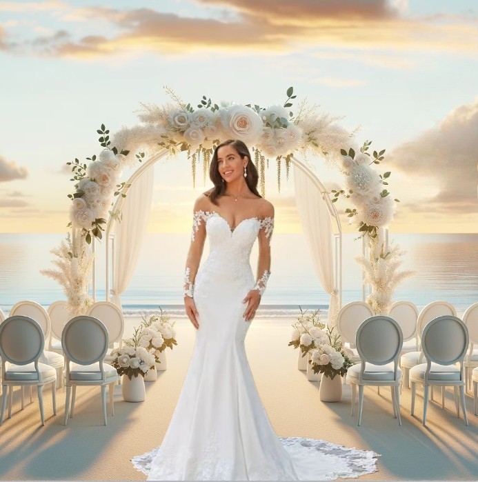 Long Sleeve Lace Mermaid Wedding Dresses Deep V Beach Bridal Gown Chapel Train