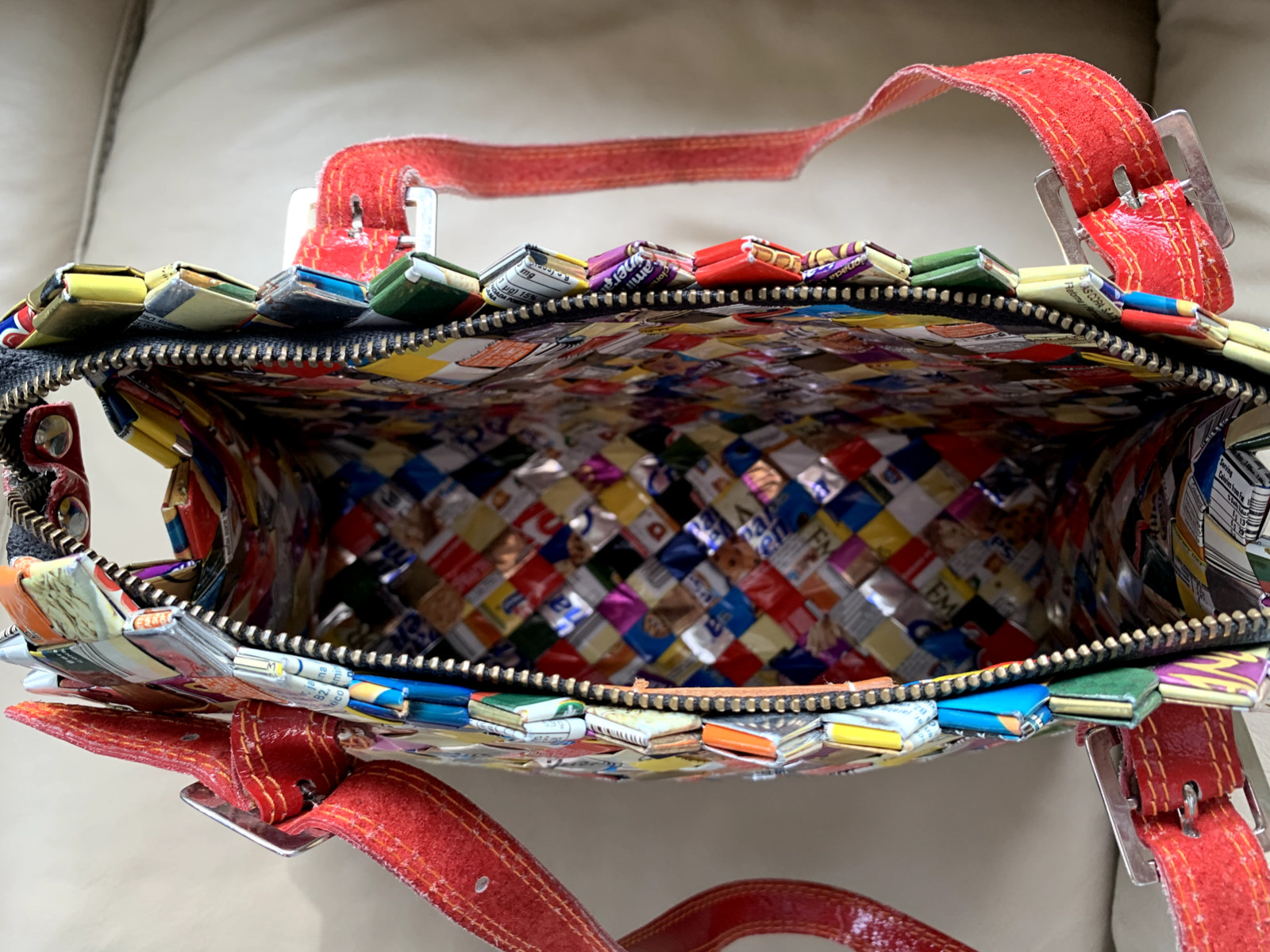 Nahui Ollin Large Purse with Strap Recycled Cookie Wrappers Unique One-of-a-Kind