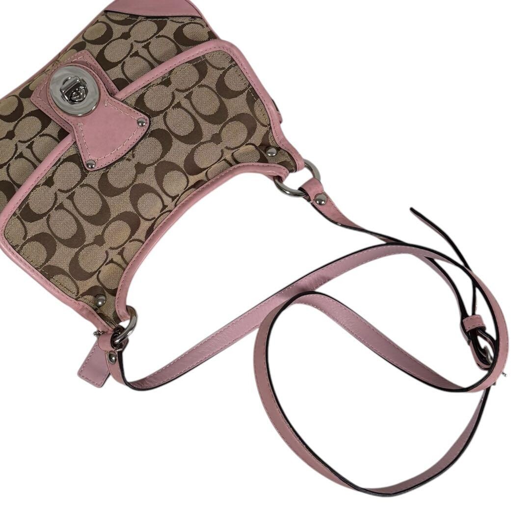 Coach Pink Signature Turn Lock Canvas Leather Shoulder Bag Crossbody Auth