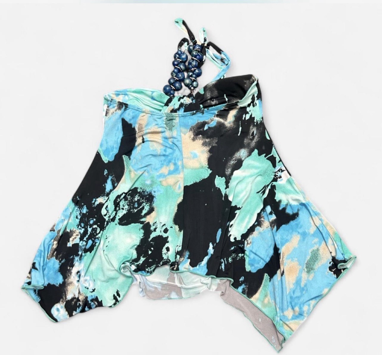 Beaded Floaty, Y2K Blue Floral Waterfall Tank Top Halter Top Shirt
