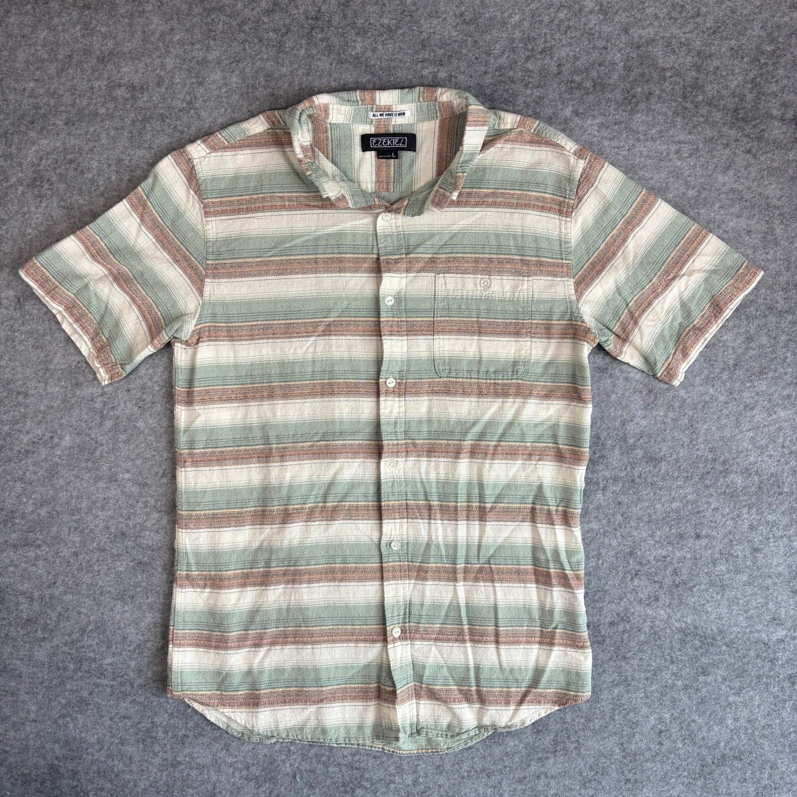 Ezekiel Mens Large Striped Short Sleeve Button Down Shirt Sage Green Rust Cream