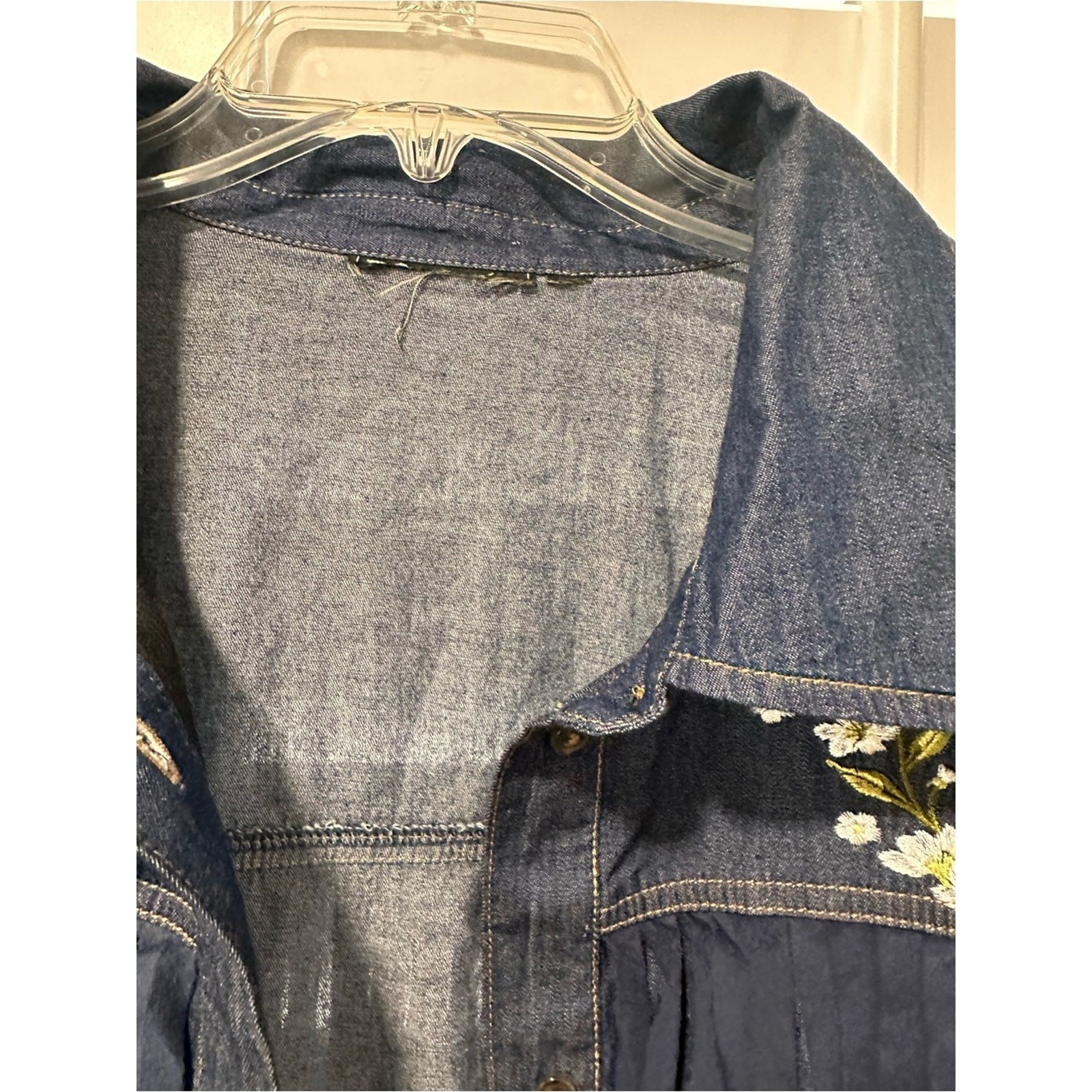 Embroidered Denim Fringe Button Up Shirt Cotton Floral Bird Western Boho Ranch