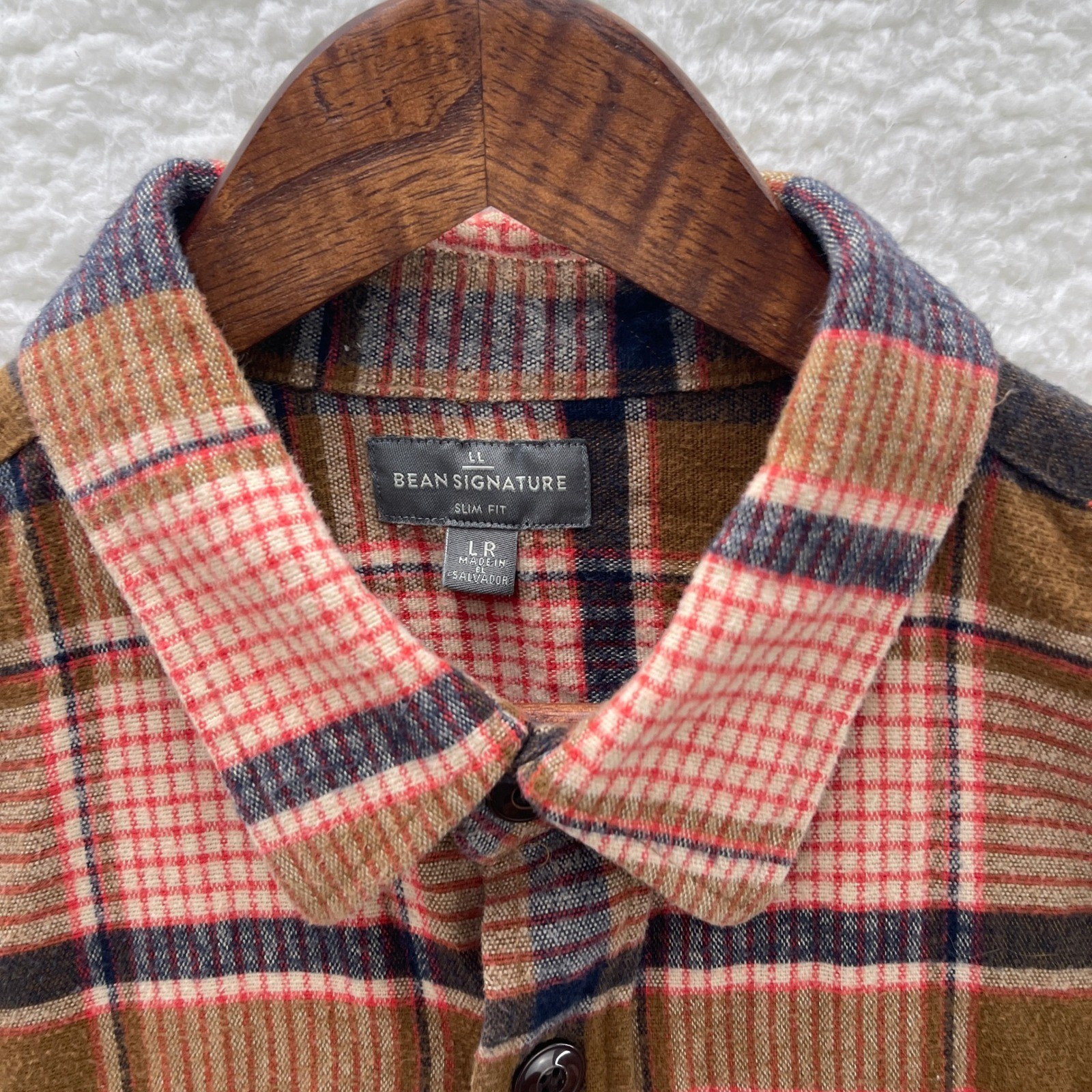 LL Bean Signature Shirt Mens Large Slim Brown Red Chamois Plaid Outdoor Heritage