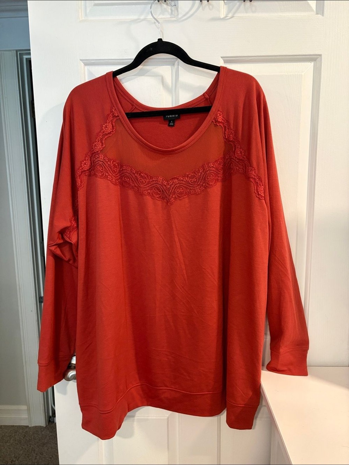 torrid Coral-Red Lace Yoke Long Sleeve Sweatshirt