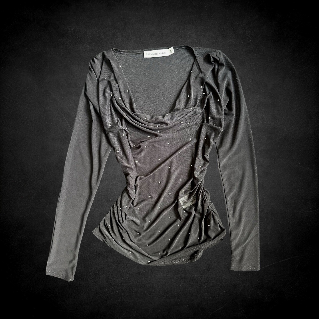 Rebecca Minkoff Mesh Long Sleeve Top S Black Rhinestone Diamanté Glam Ruched