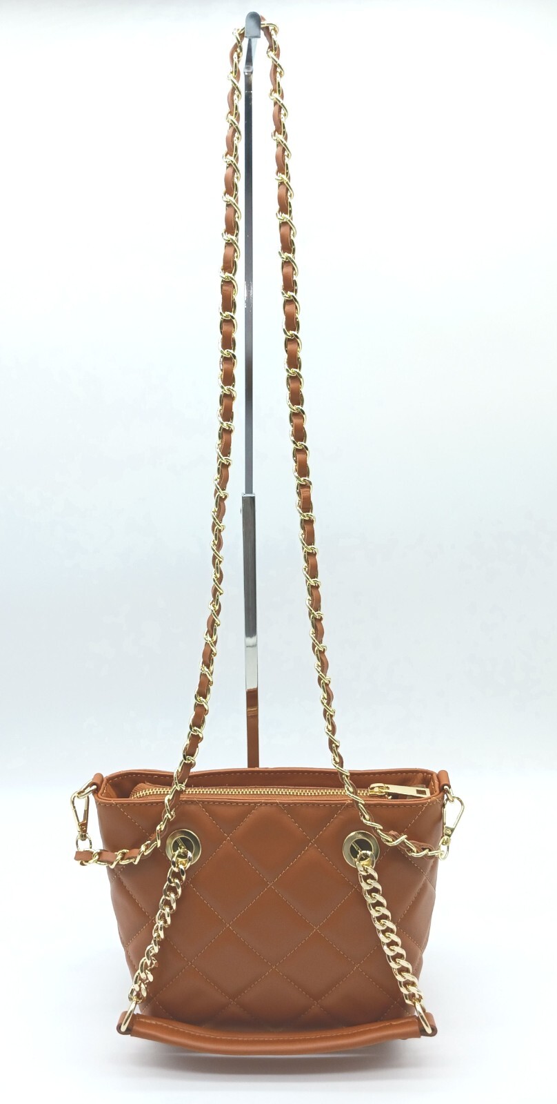 Italian Genuine Leather Small Quilted Tote Crossbody – Made In Italy – Cognac