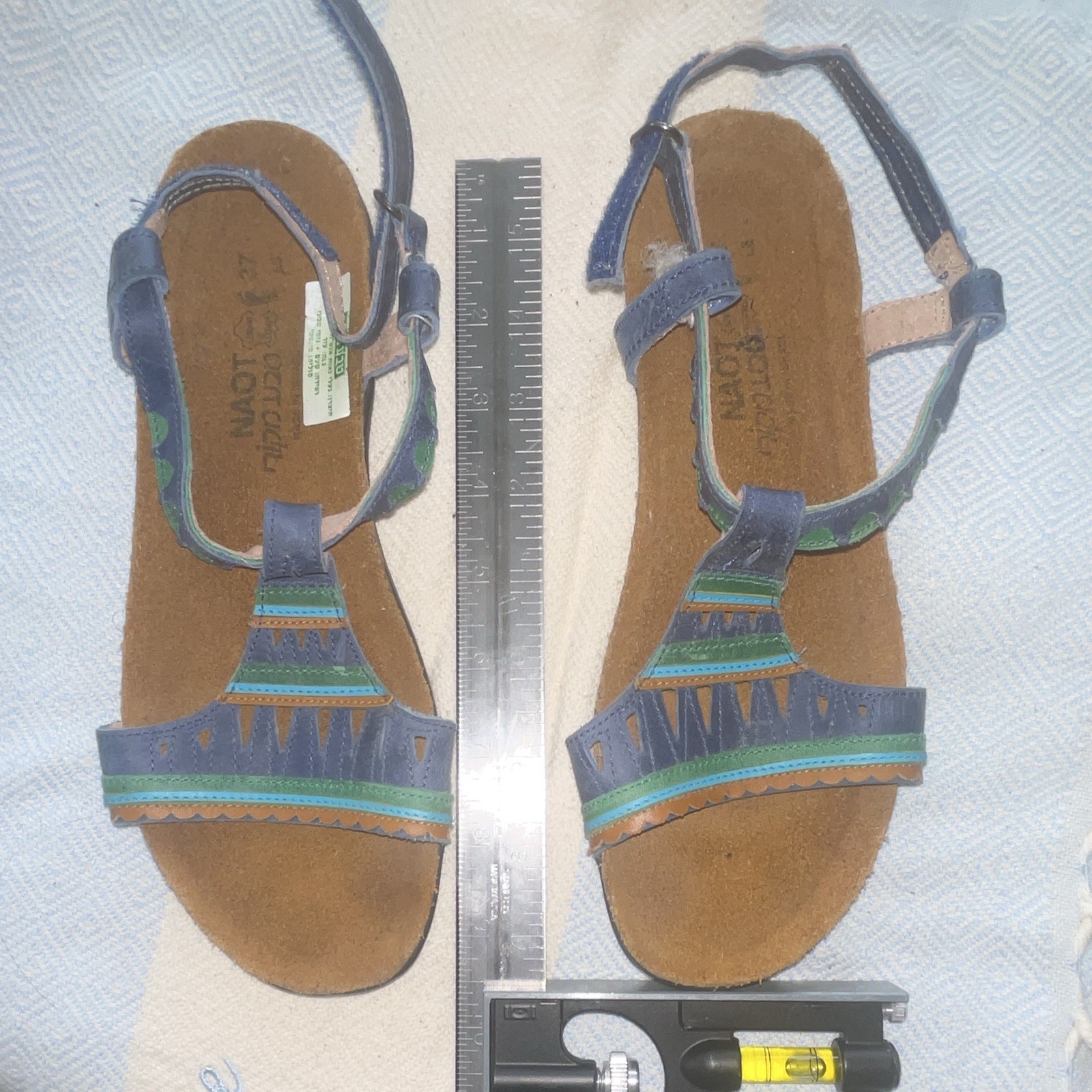 Naot Women’s Strappy Ankle Strap Sandals Leather Geometric Blue/Green/Tan 6