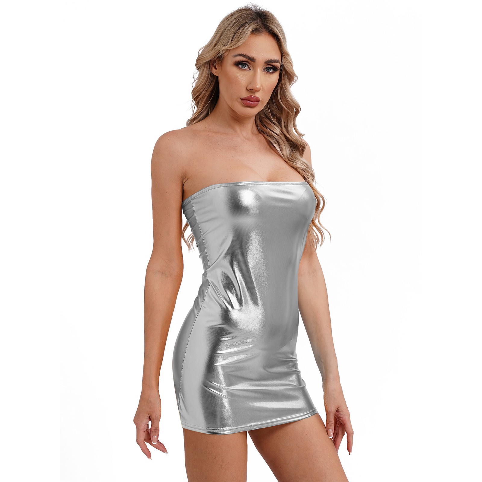 Women’s Shiny Metallic Mini Tube Dress Strapless Sexy Bodycon Party Clubwear