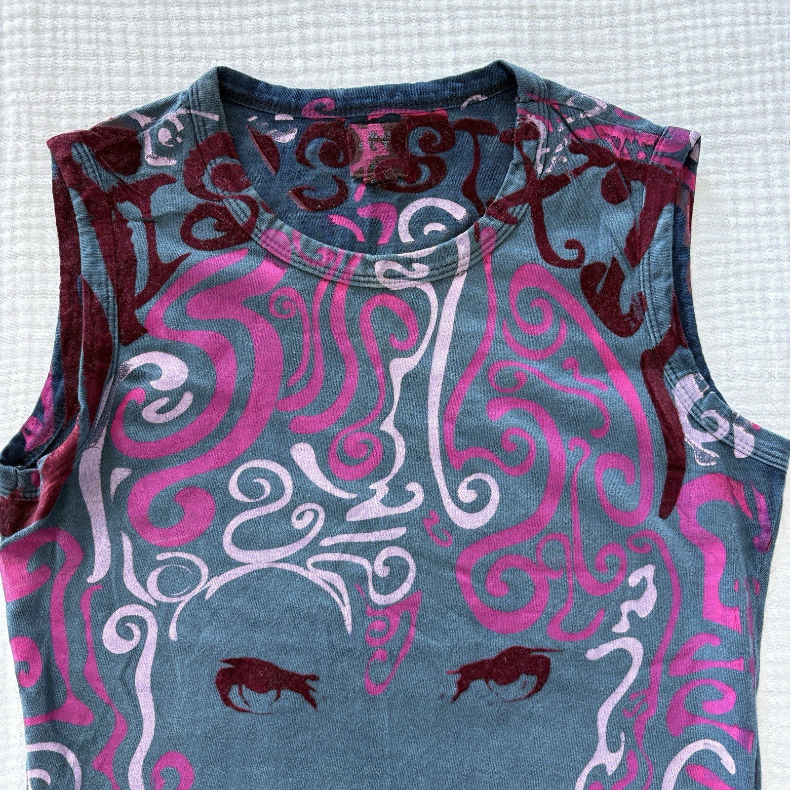 Miss Sixty Graphic Tank Top Y2K Teal Blue Pink Face Print Velvet Devore Small