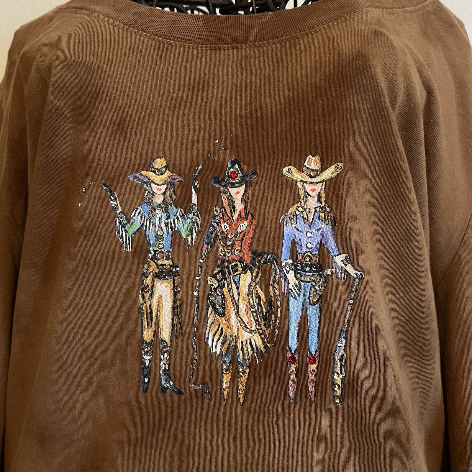 Jack Flash Western Long Sleeve Tee XL Caramel Brown Rhinestone Rodeo Cowgirl