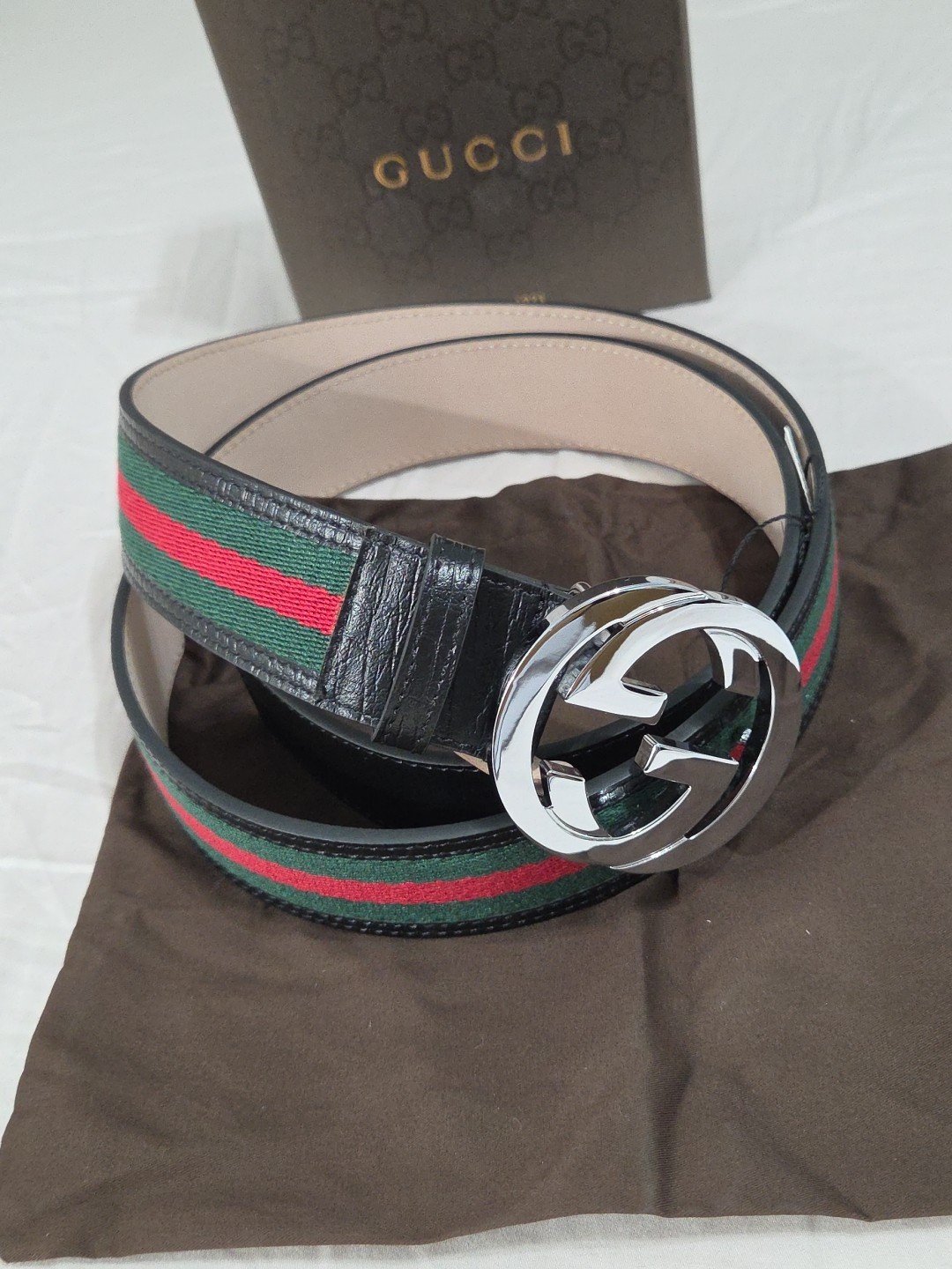 Gucci Black Green Red Striped Belt Size 38-40 IT 110CM Silver Buckle