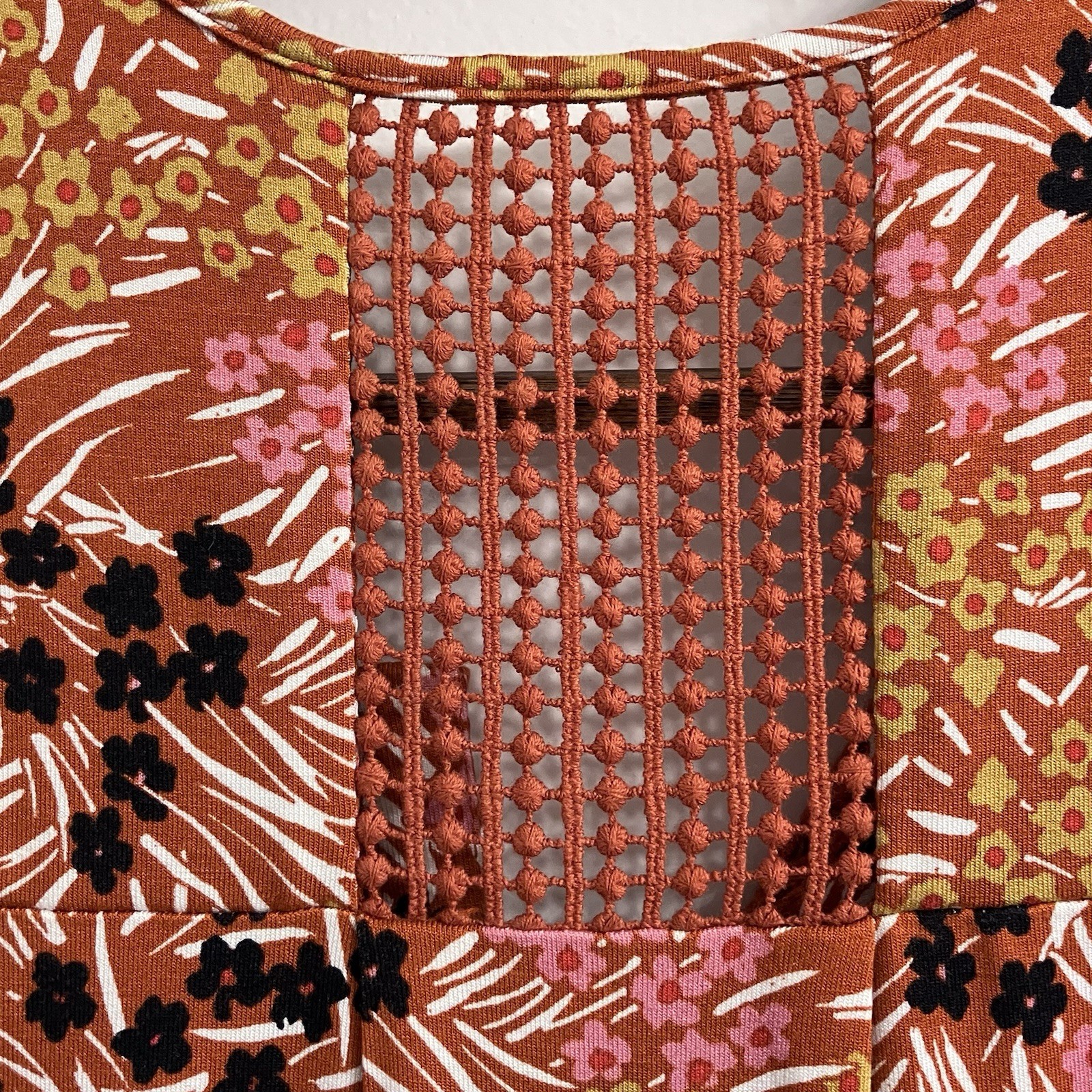 Daniel Rainn Floral Dress RXP Rust Orange Pink Boho Crochet Trim Rayon Lined