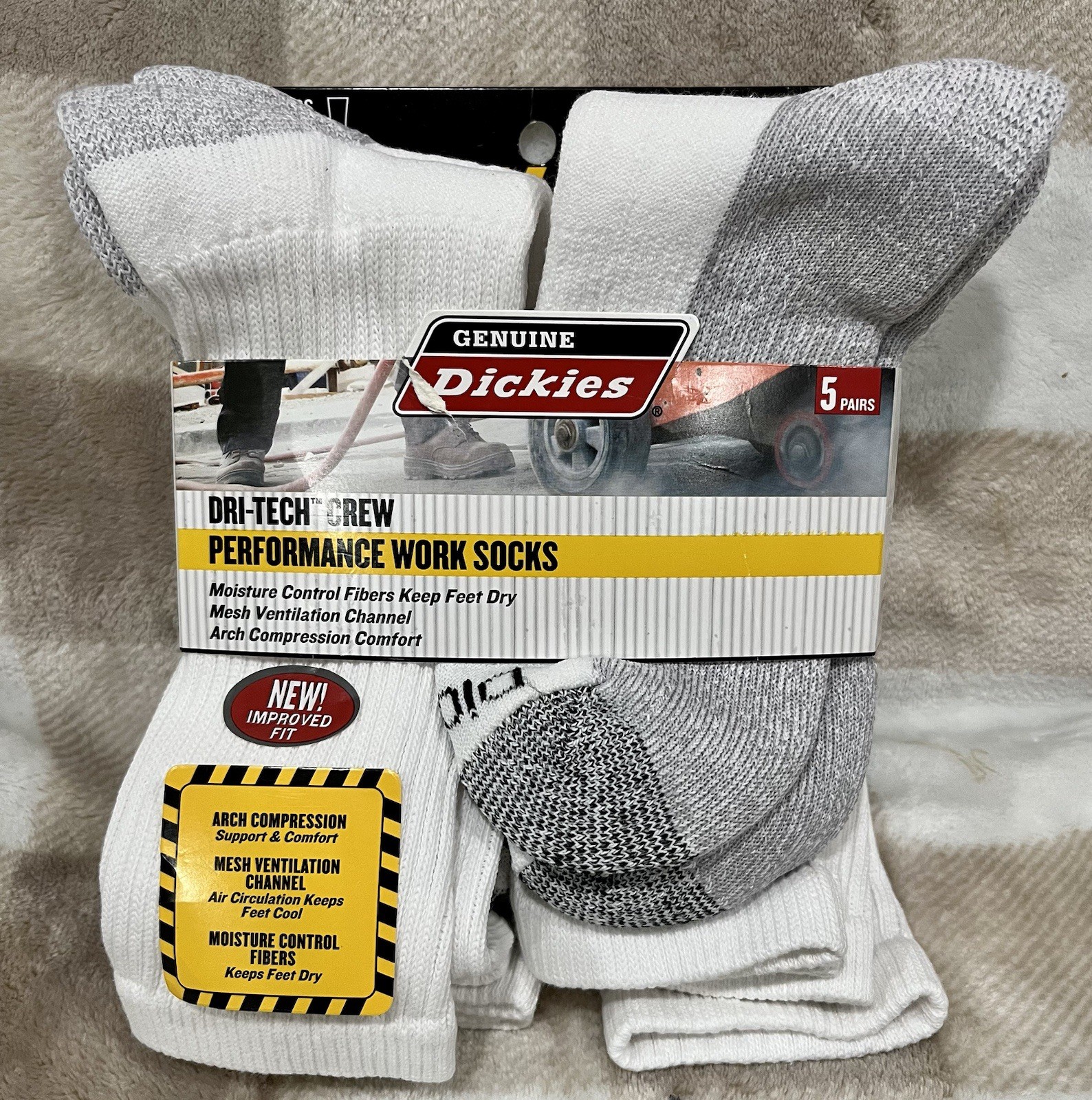 Dickies Performance Mens Work Socks White NEW Dri-Tech Crew 5 Pk 6-12