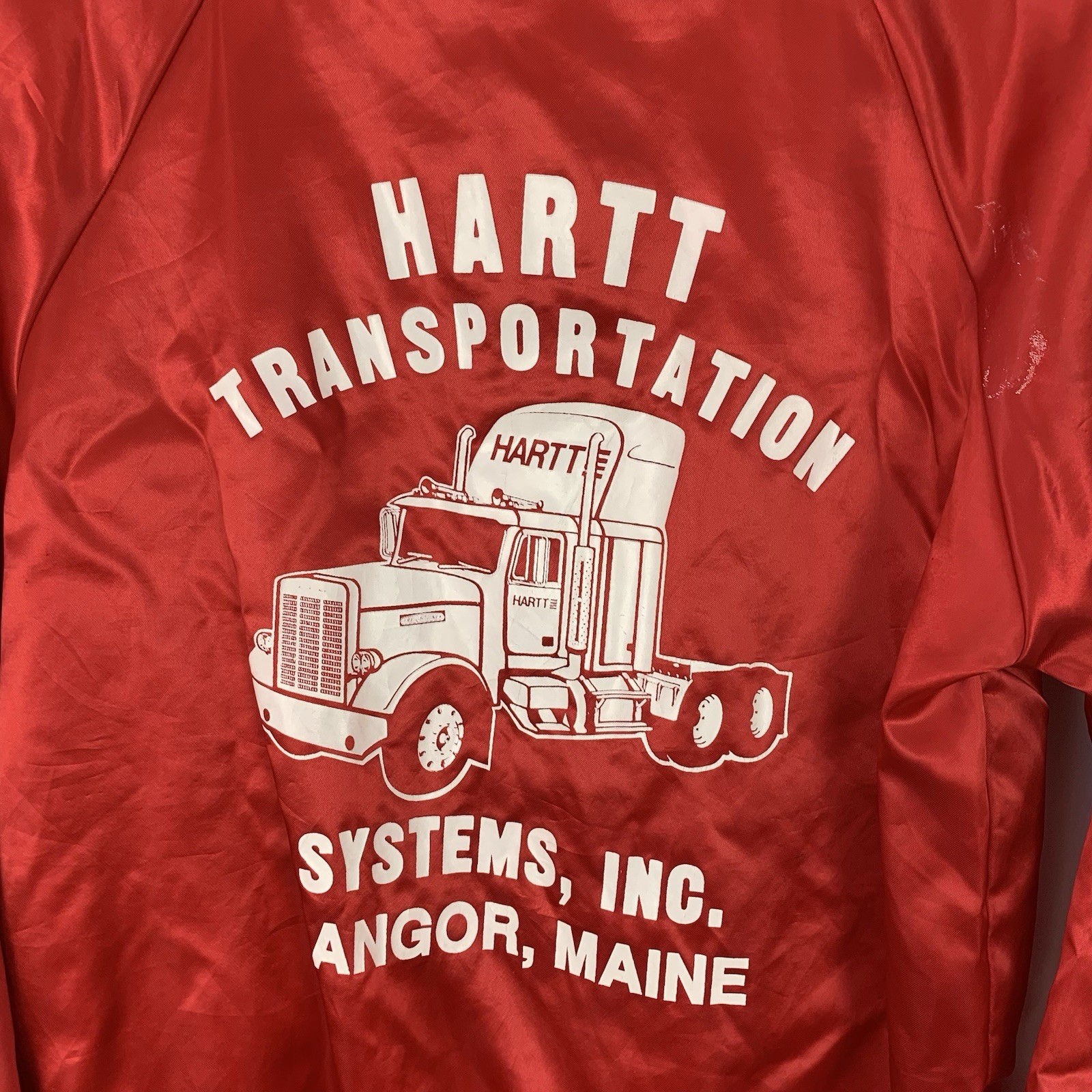Vintage Satin Bomber Jacket Size Small Red USA Company Truck Logo American Retro