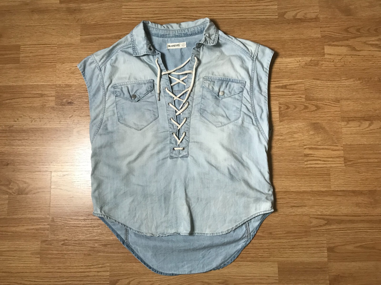 Blanknyc Chambray Shirt Womens S Lace Up Collared Flap Pockets Distressed