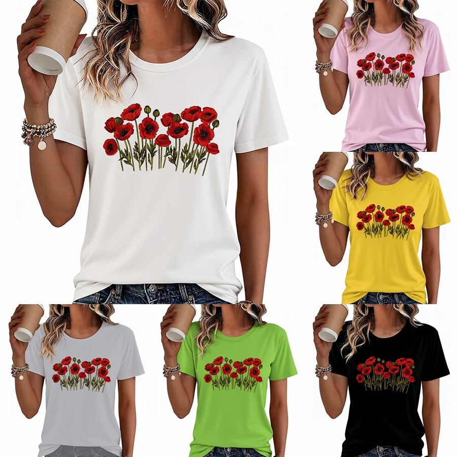 Women Flower Print Graphic T-Shirt Casual Short Sleeve Crew Neck Cotton Tee US√