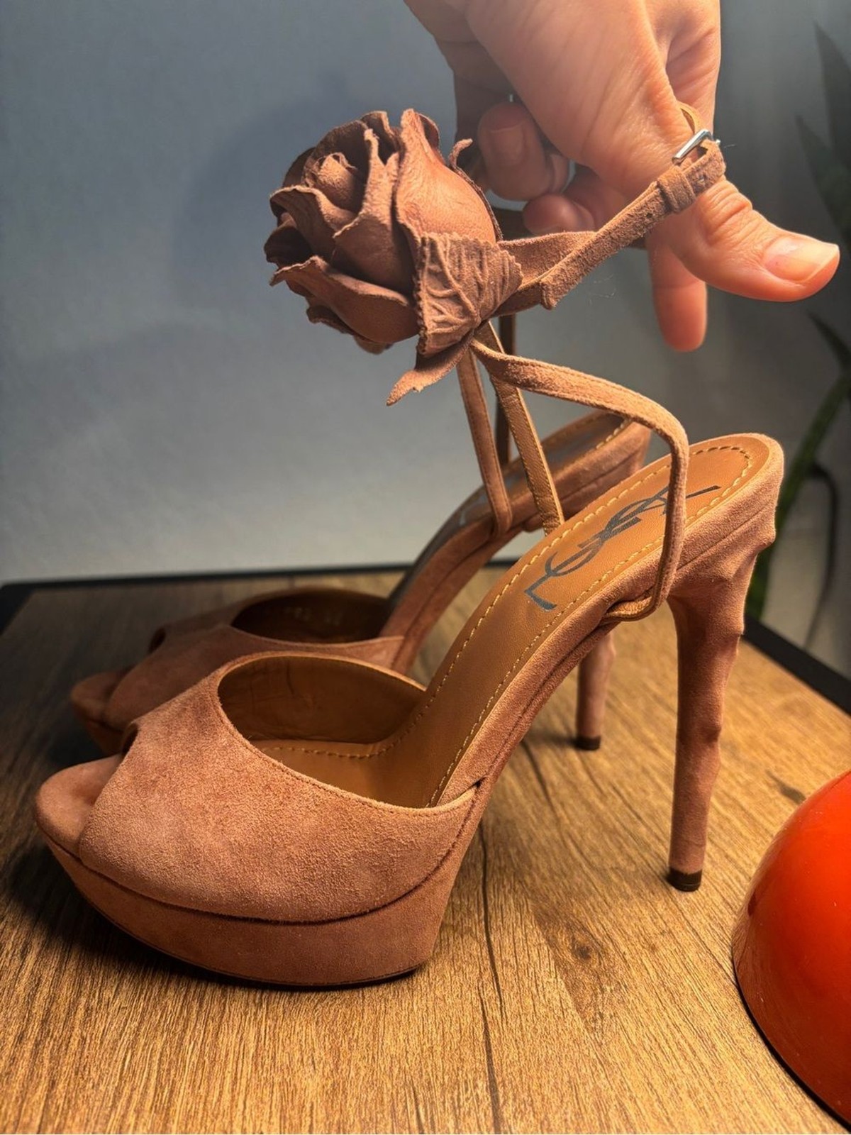 Yves Saint Laurent YSL Heels 35 US 5 Tan Suede Rosette Flower Ankle Tie Platform