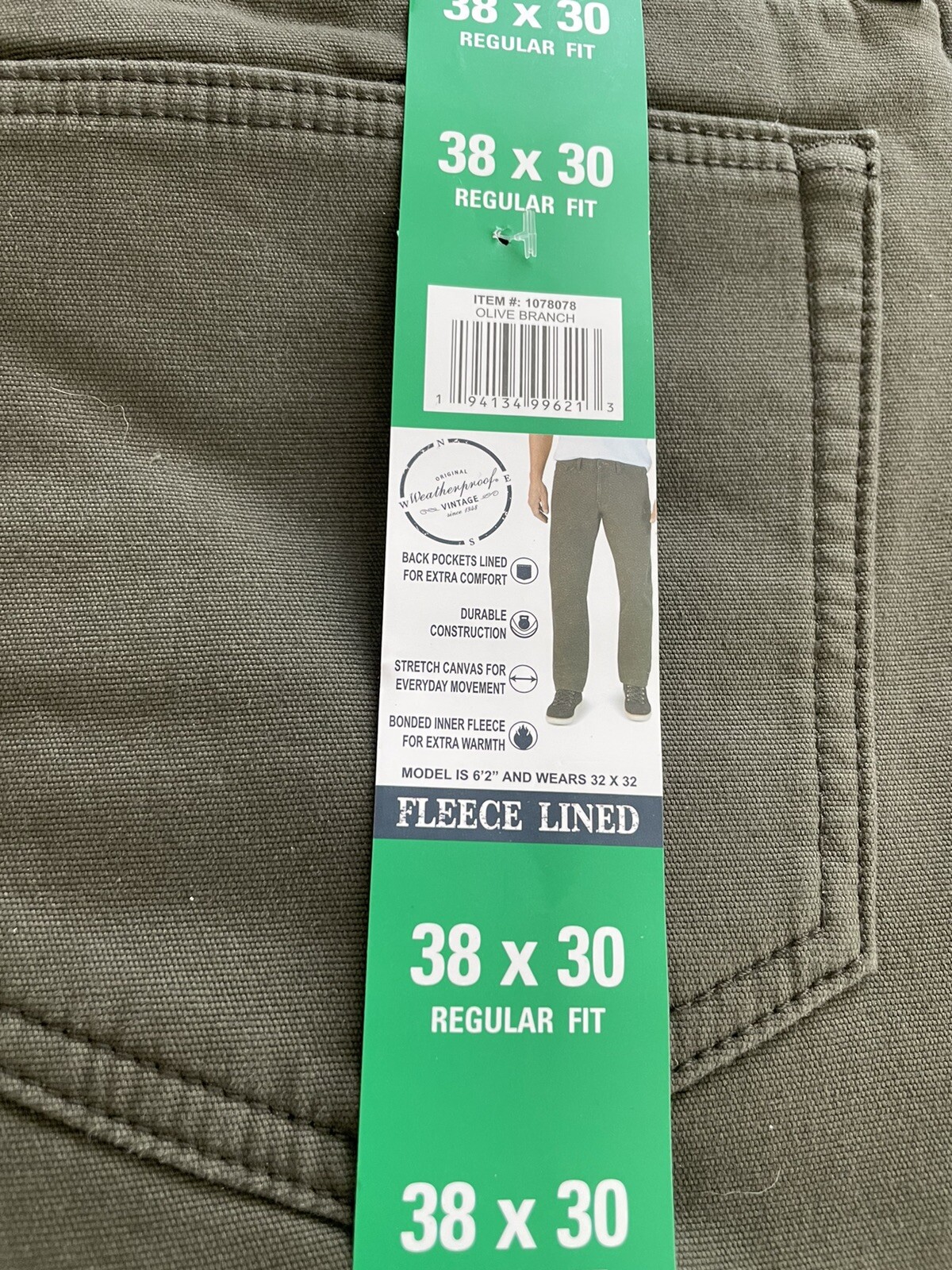New Weatherproof Vintage Fleece Lined Stretch Canvas Style Olive Green W38L30