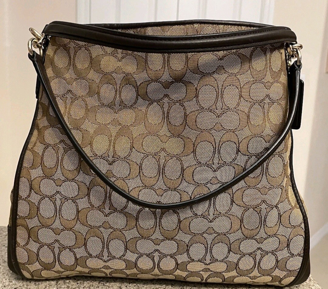 COACH MADISON PHOEBE OUTLINE BROWNS SIGNATURE & LEATHER SHOULDER BAG $299. EUC