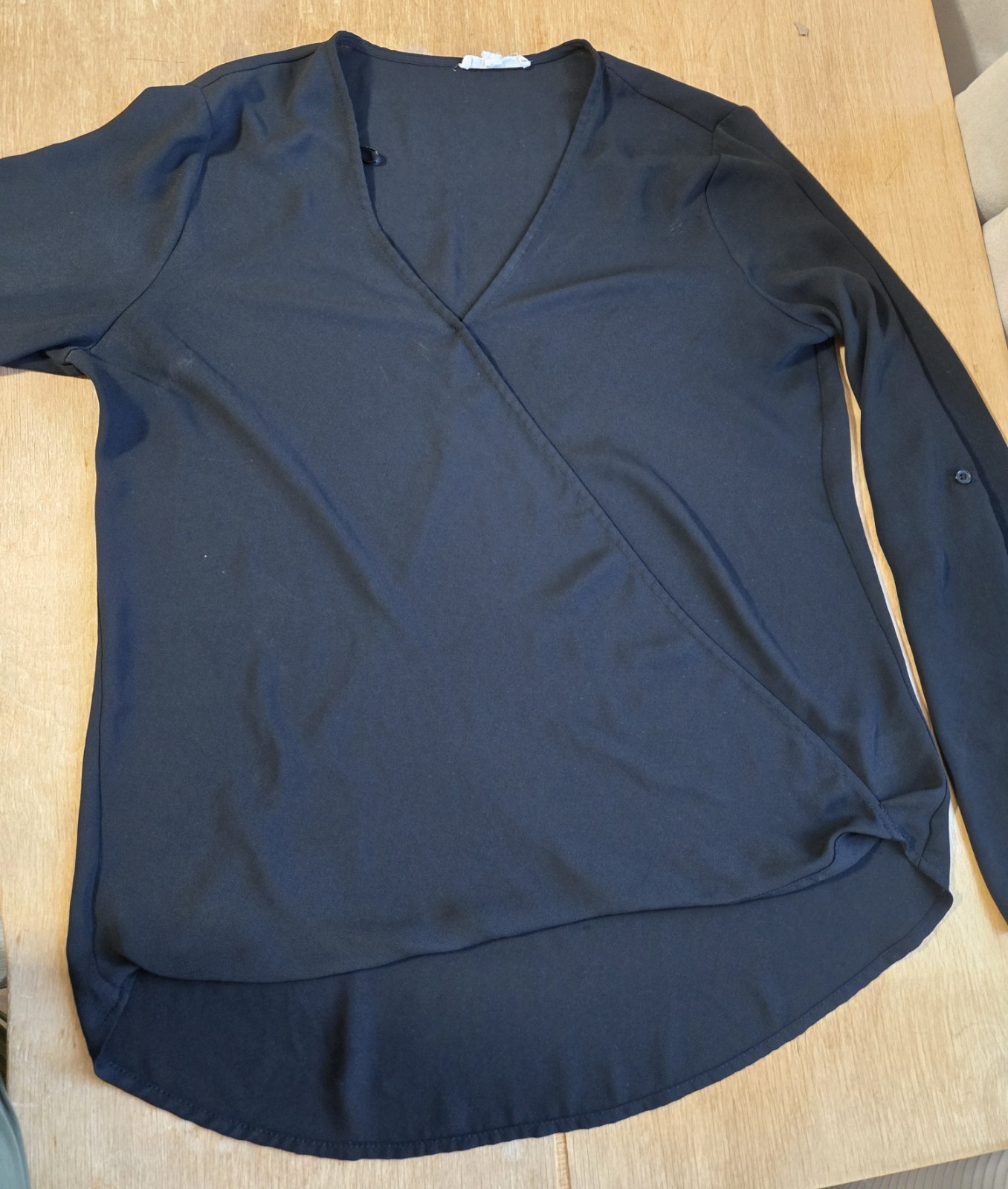 Pleione Women’s Black Faux Wrap Blouse Long Sleeve V Neck Top Size Medium M
