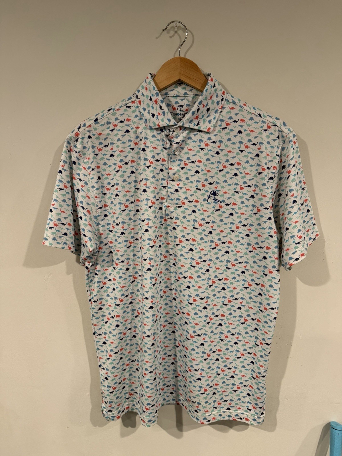 Rhoback Short Sleeve Performance Polo Shirt Mens Small All Over Dinosaur Print