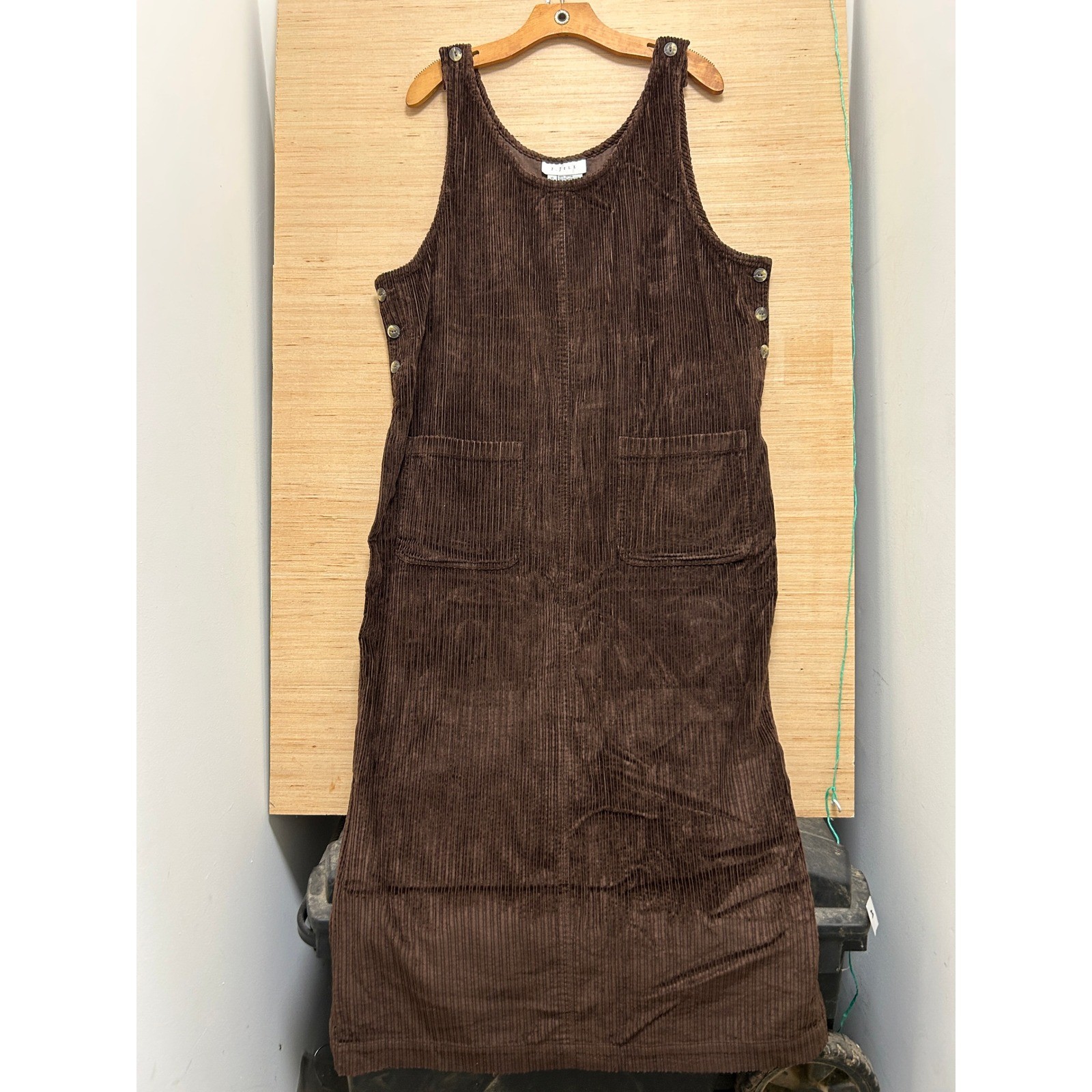 J. Jill Brown Corduroy Jumper Dress XL Sleeveless Midi Button Side Patch Pockets