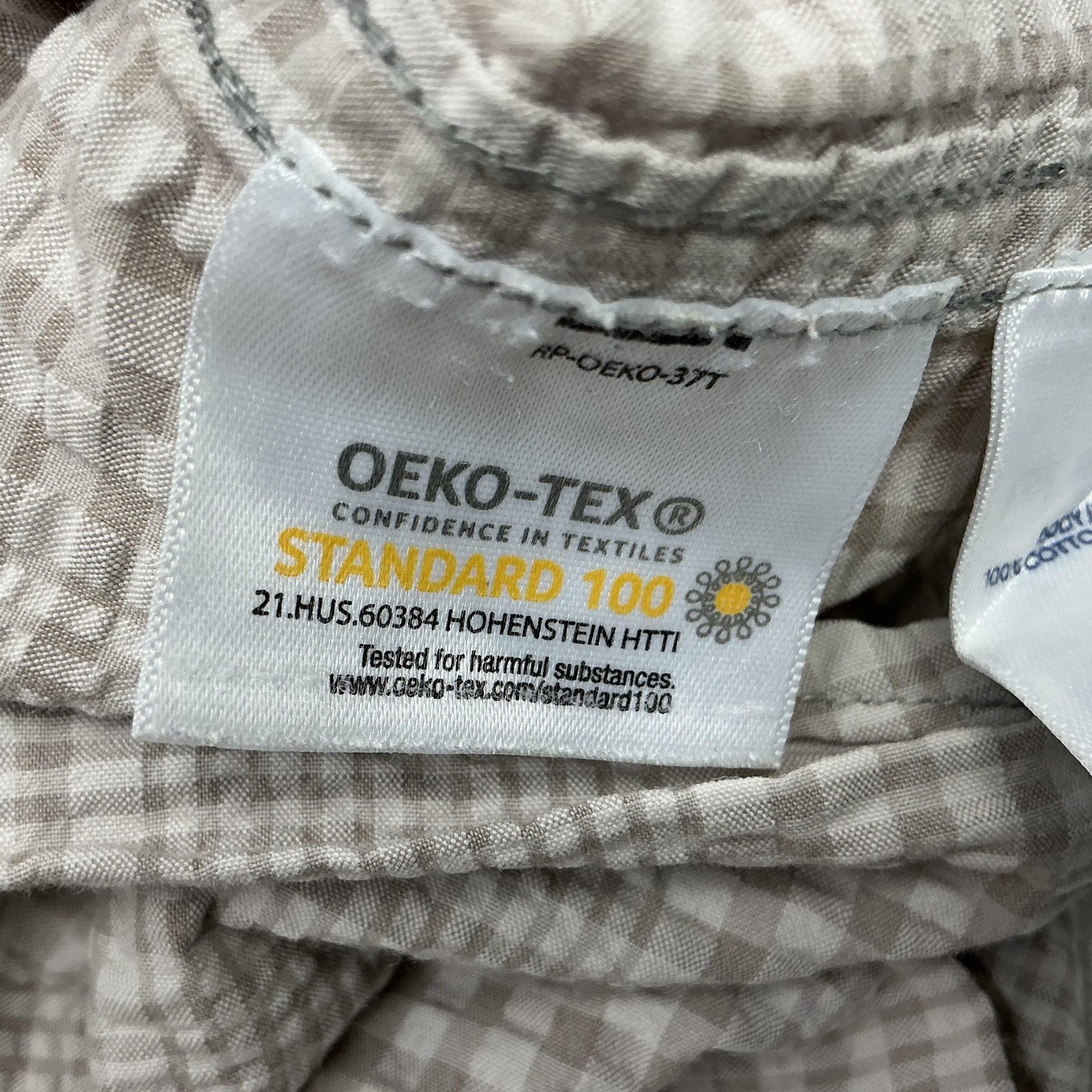 Lands’ End Shirt Mens Large Beige Check Short Sleeve Seersucker Cotton Casual