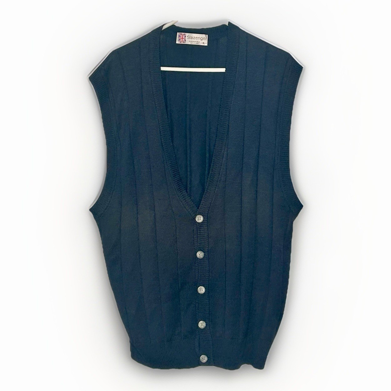 Slazenger Vest Men XL Navy Blue 100% Spun Silk Knit Cable Button Cardigan Golf