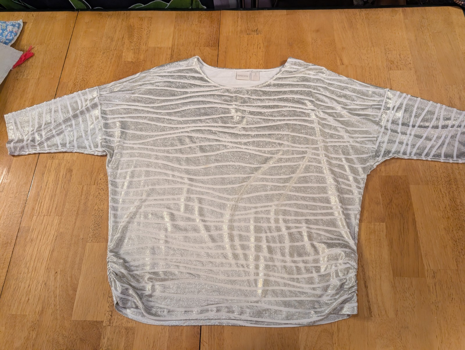 Chicos Top Size 3 XL flocked Silver striped 3/4 Sleeves Tee Tunic round neck