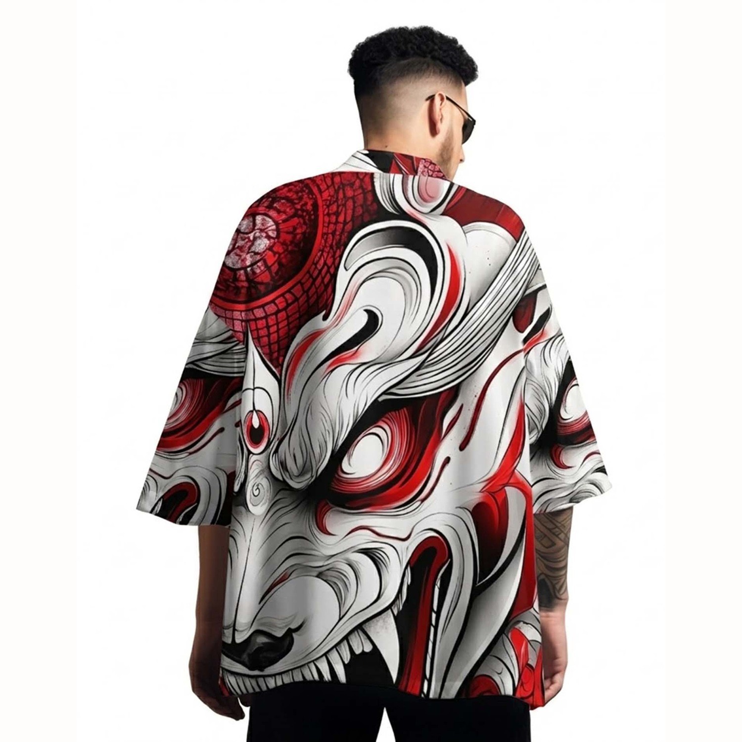 Niepce Men’s Japanese Graphic Lightweight Red Monster Kimono Cardigan Shirt Top