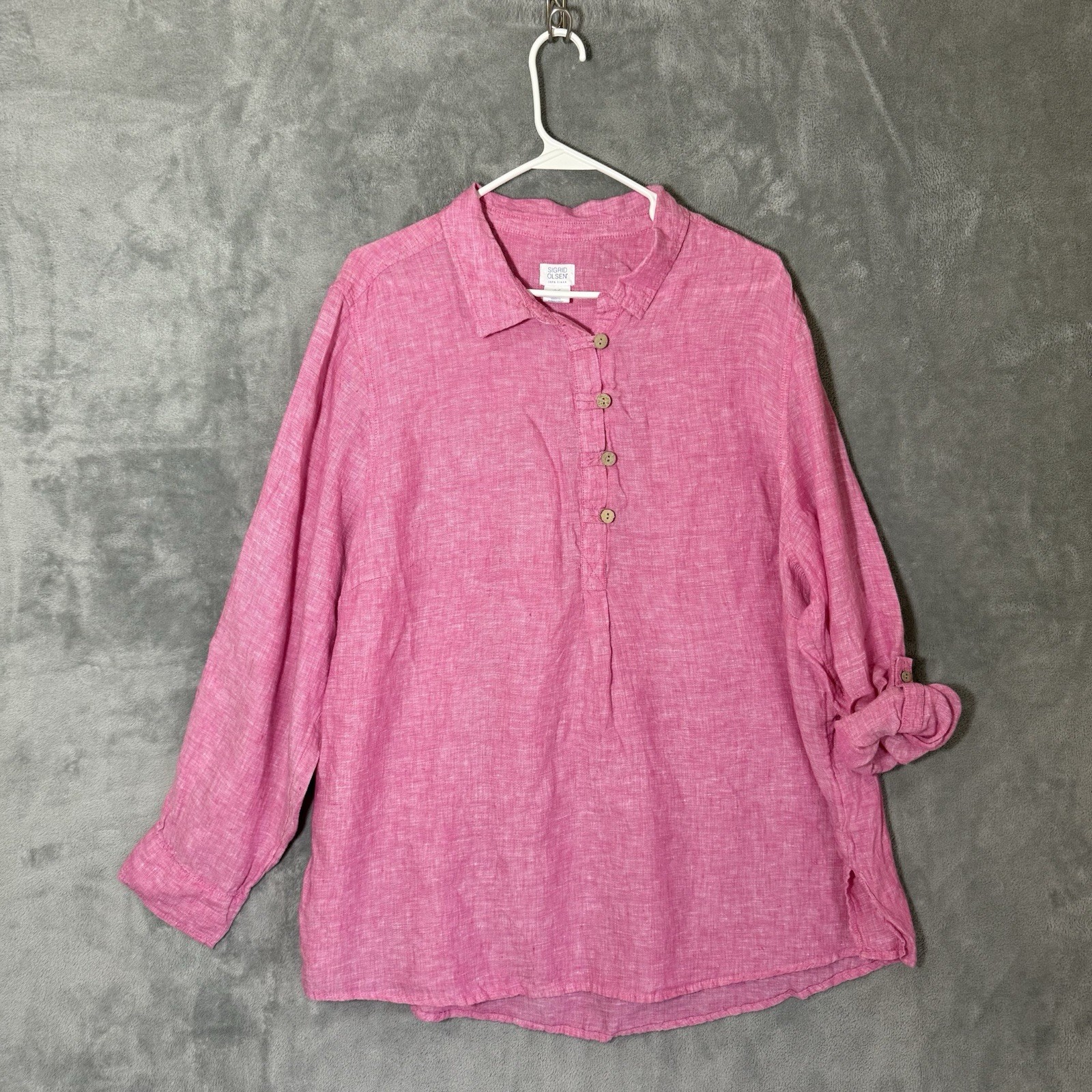 Sigrid Olsen Top 2X Pink 100% Linen Roll Tab Sleeve Button Front Casual Tunic