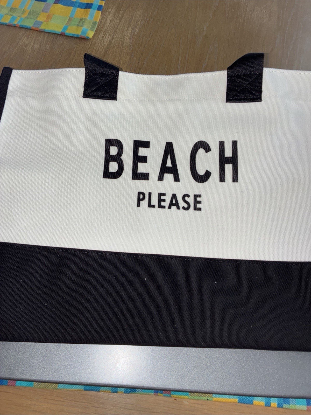 NWOT Beach Please Black Ivory 2 Handle Beach Grocery Utility Canvas Tote Purse