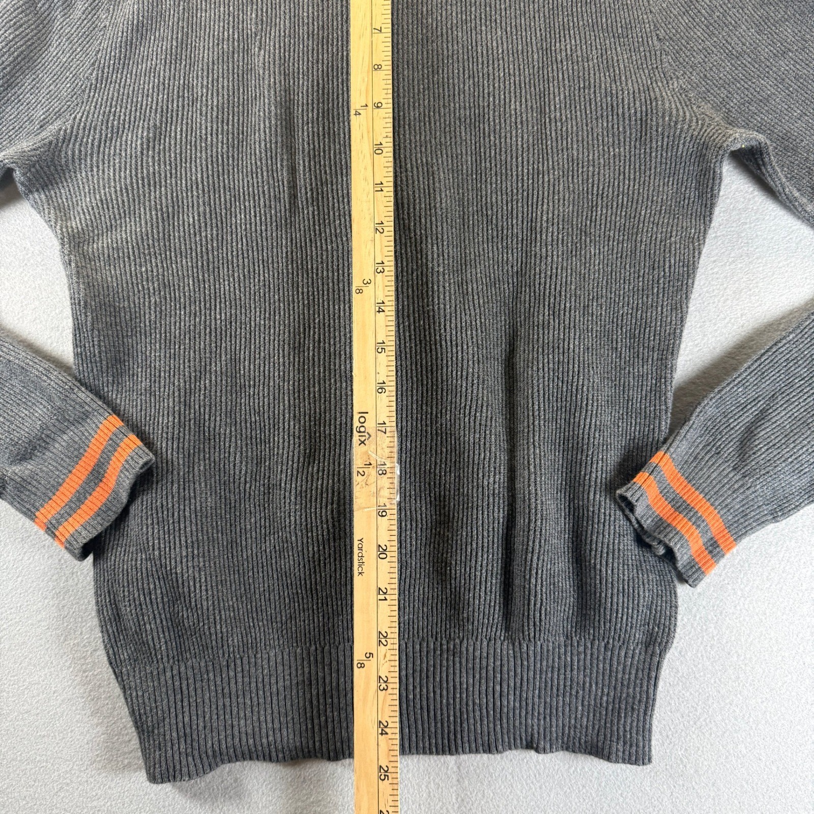 RVCA Mens Gray Ribbed 1/4 Zip Cotton Sweater Orange Stripe Cuffs Small PO