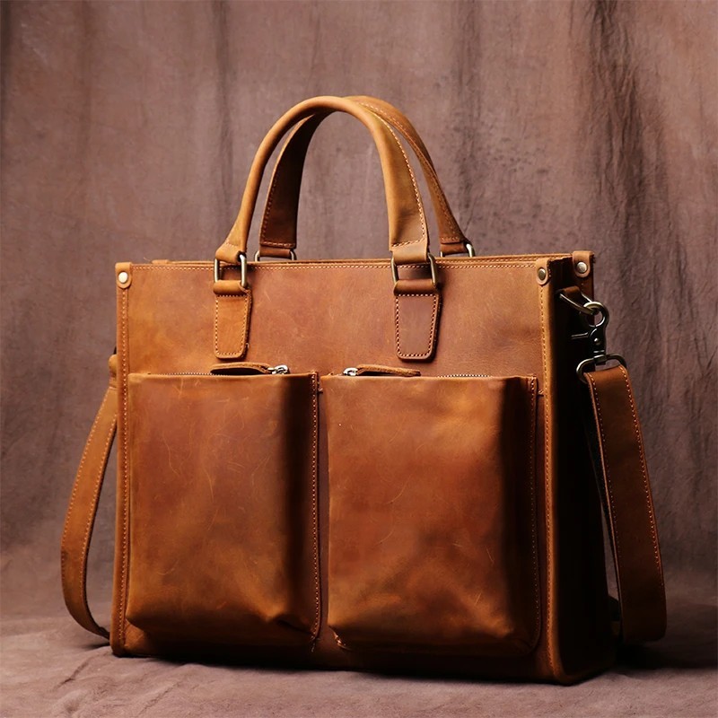 Handmade Leather Briefcase Men Vintage Messenger Bag Crazy Horse Laptop Satchel