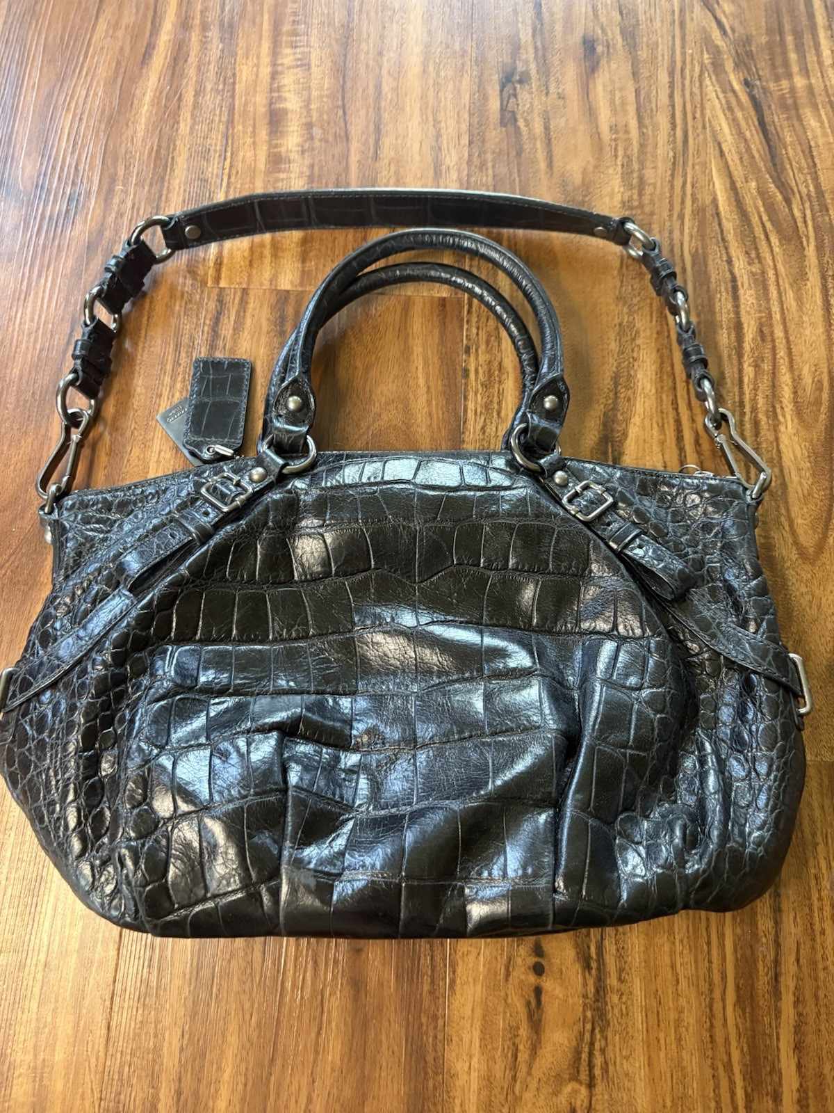 Coach 15924 Madison Embossed Sophia Bag Black With Purple Lining With Charms