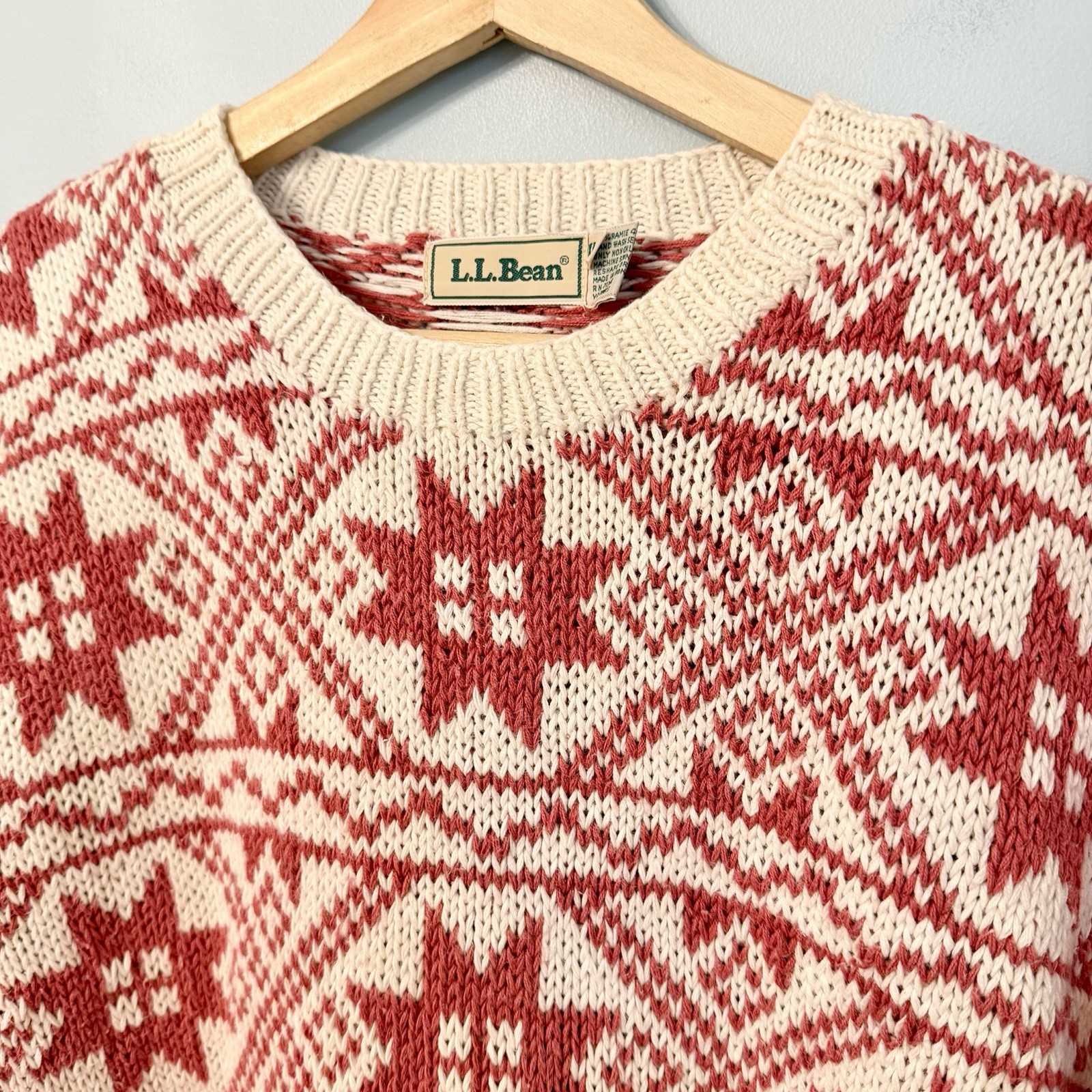 Vintage 90s LL Bean Sweater Size L Chunky Fair Isle Cottage Grandma Quilt Nordic