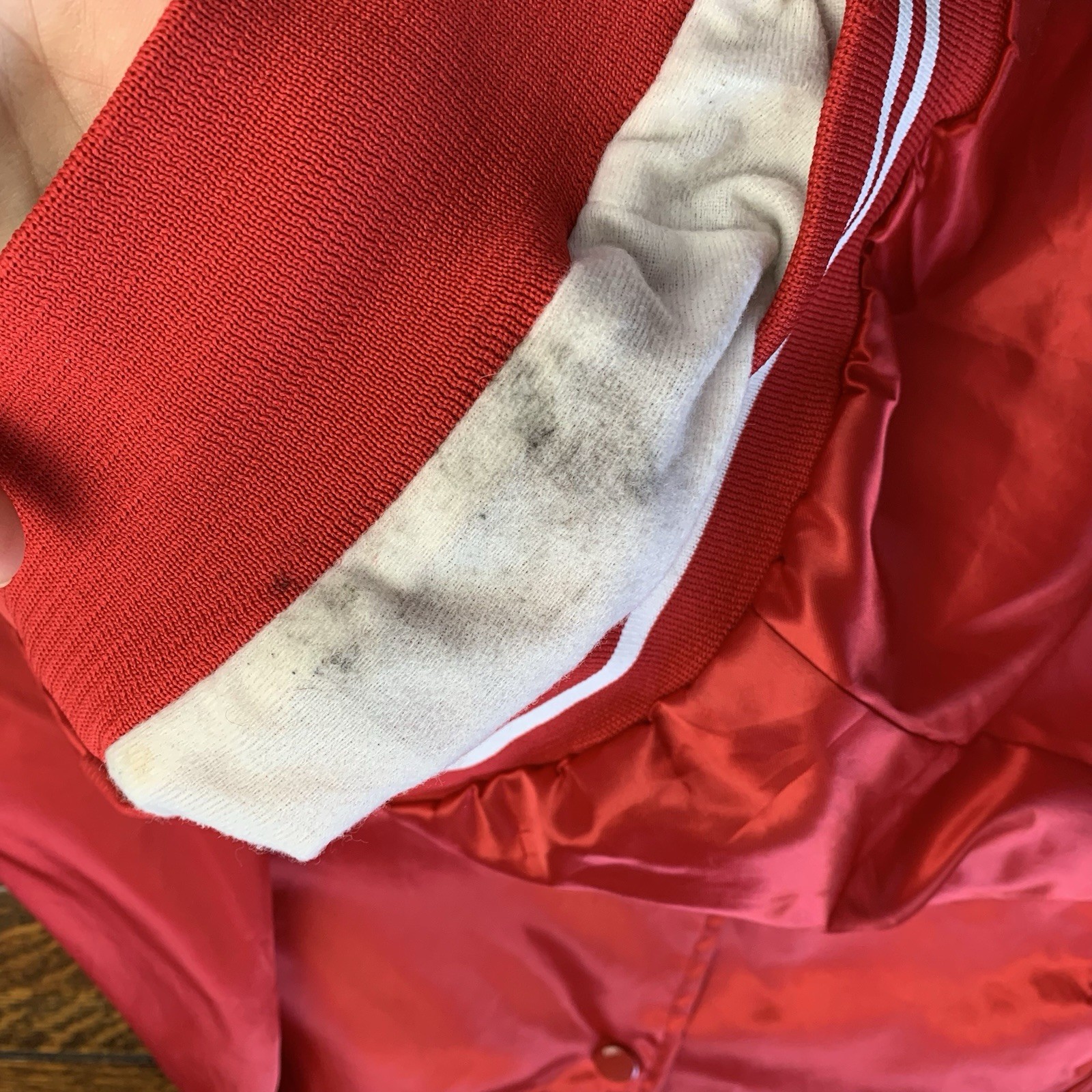 Vintage Satin Bomber Jacket Size Small Red USA Company Truck Logo American Retro