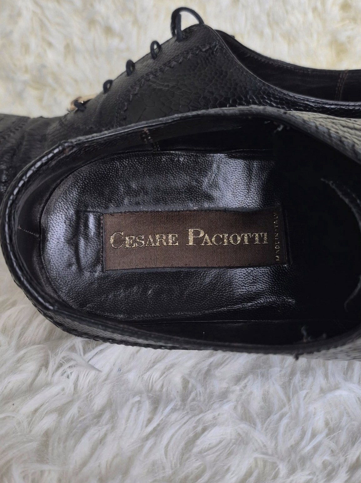 Cesare Paciotti Men’s Black Leather Reptile Embossed Pointed Toe Oxfords 10