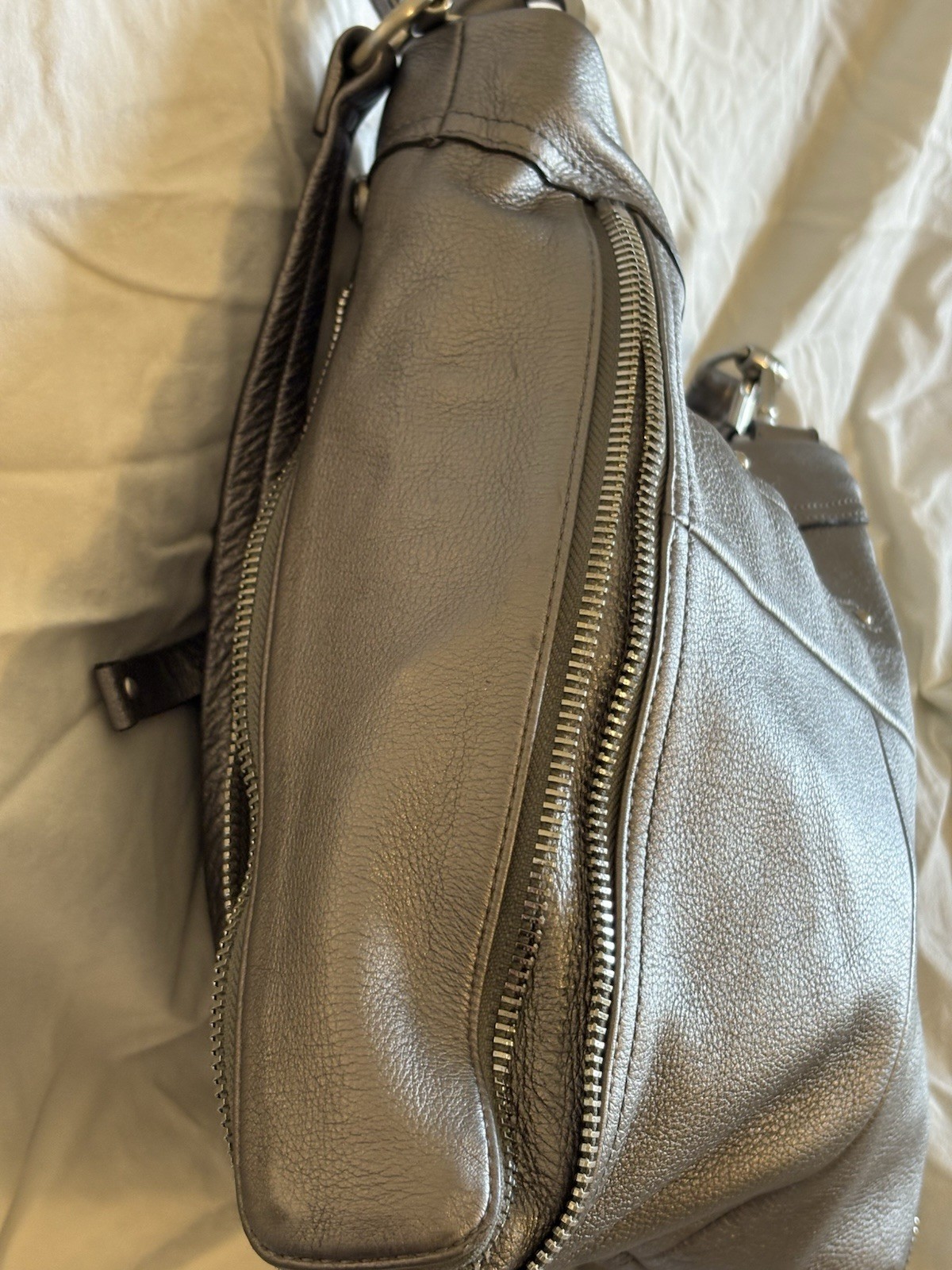 B Makowsky Large Metallic Silver Shoulder Leather Shoulder Bag