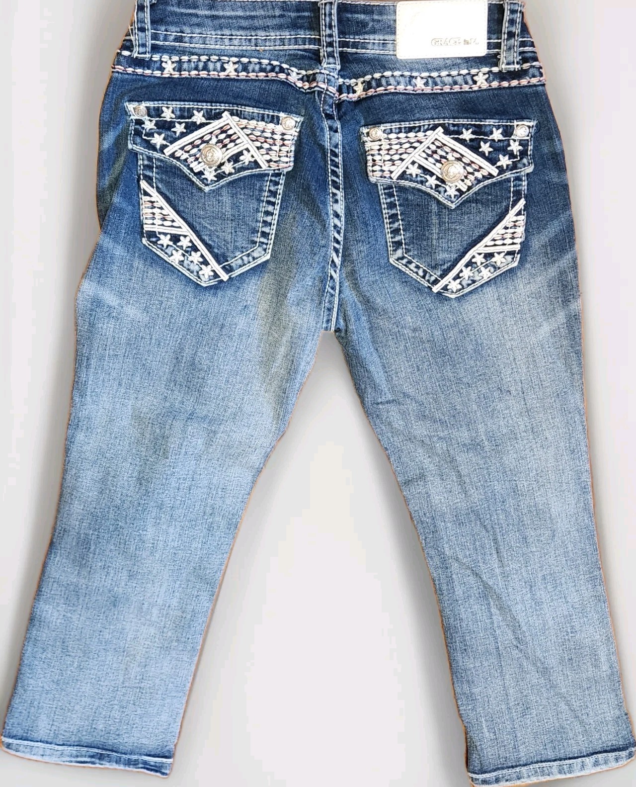 Grace In LA Capri Jeans Women 27×22 Flap Pockets USA Stars & Stripes Embroidered