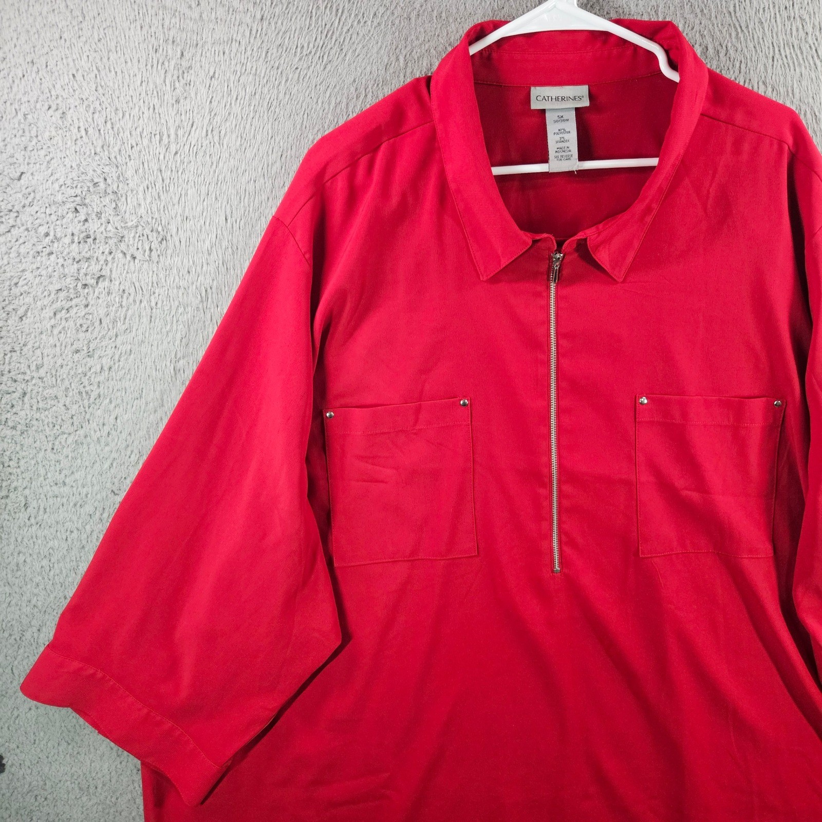 Catherines Red Quarter Zip Tunic Top Womens 5X 34/36W 3/4 Sleeve Studded Pockets