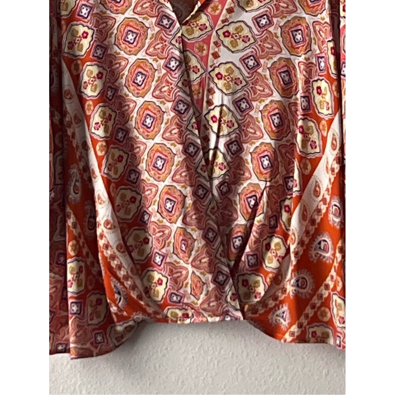 Unique Spectrum Satin Button-Front Blouse in Coral, Cream , Red Accents, Size IX