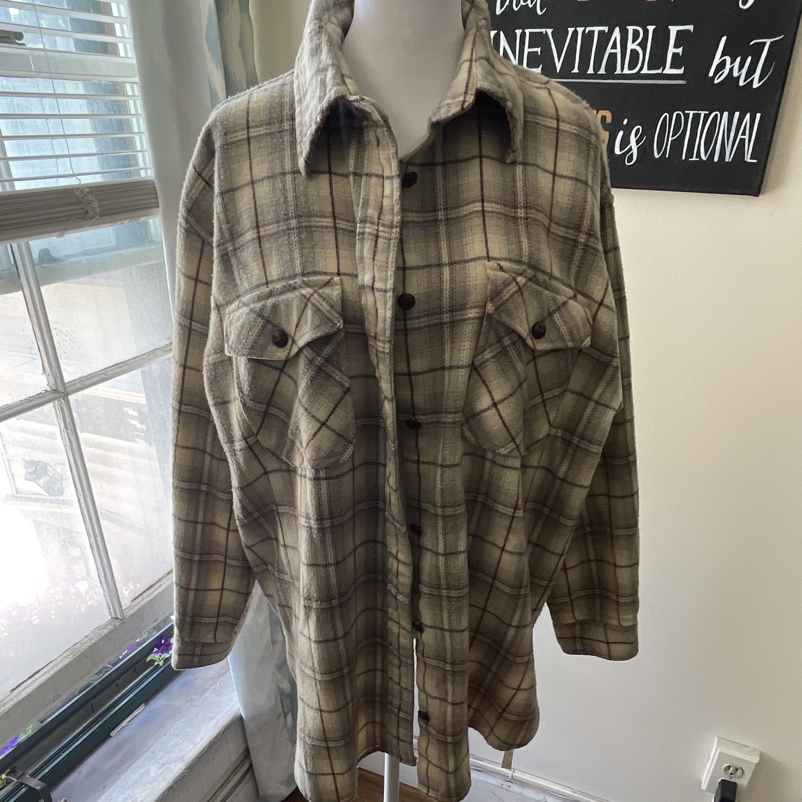 Van Heusen For Her Plaid Button-Front Shacket Jacket w/ Pockets M Beige Brown