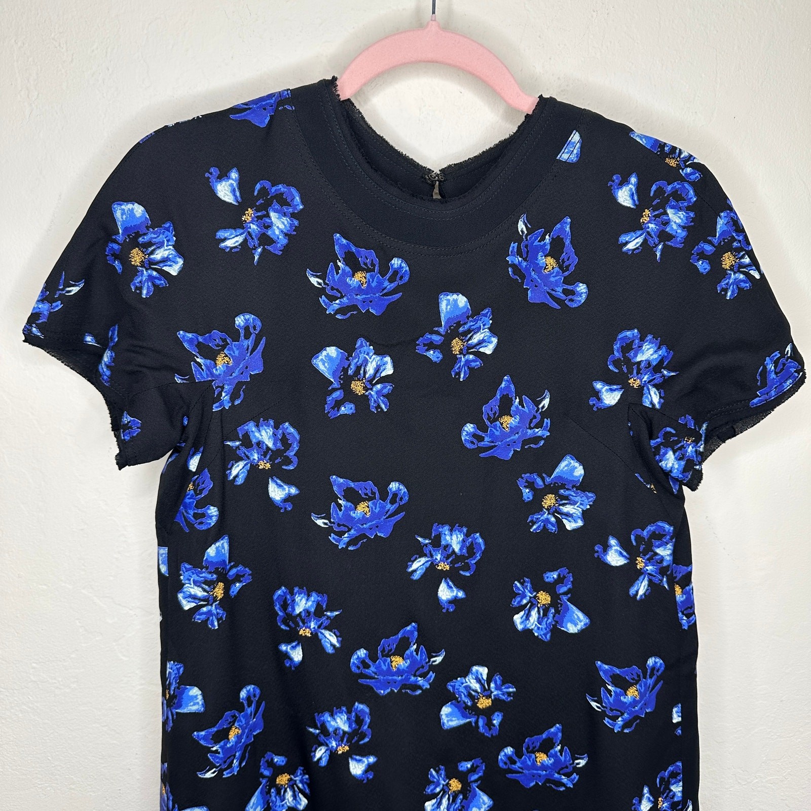Proenza Schouler Floral Print Blue Black Tie Back Short Sleeve Mini Shift Dress
