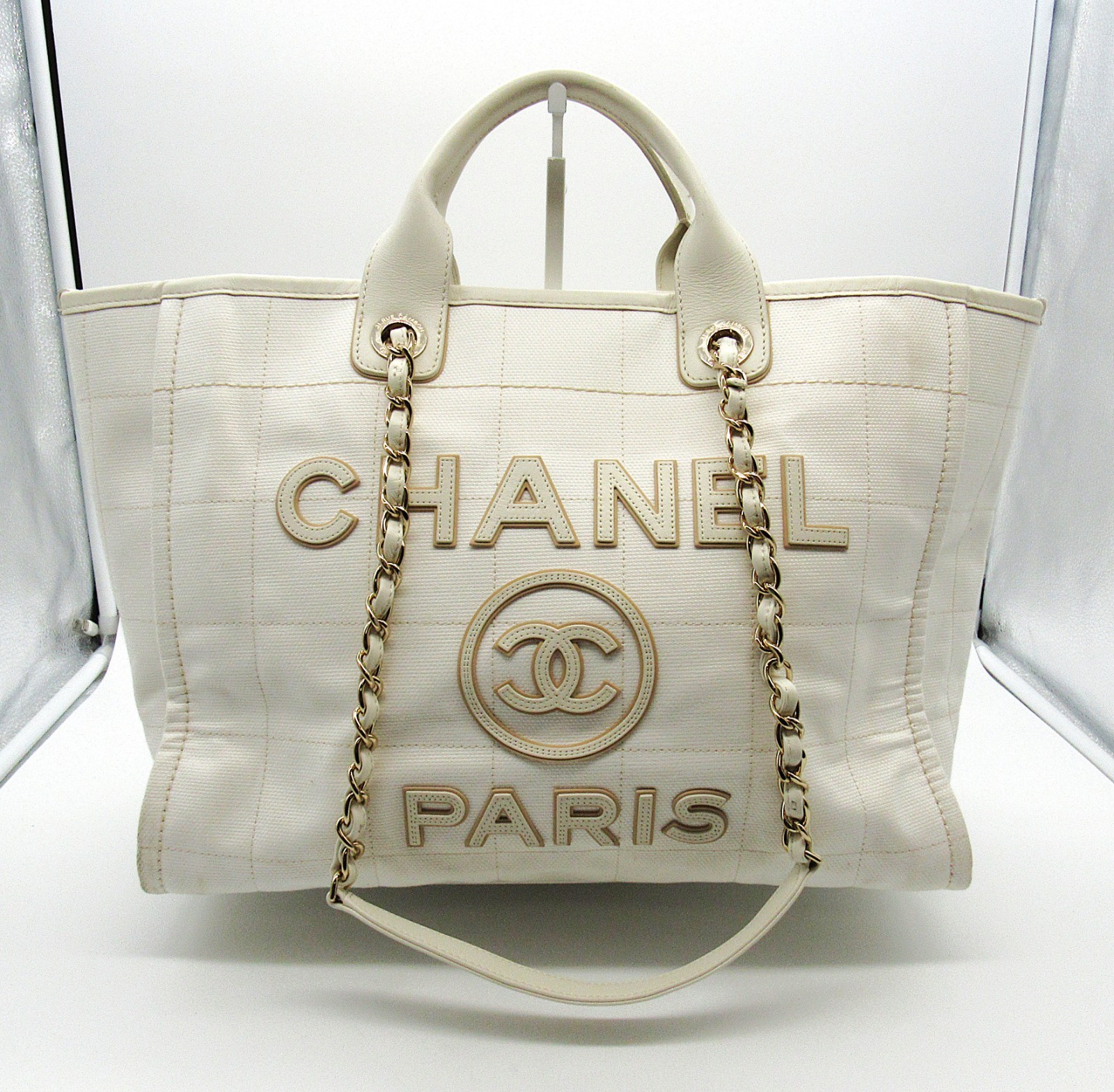 Chanel Medium Deauville Tote White Canvas Bag w/ Pouch Read